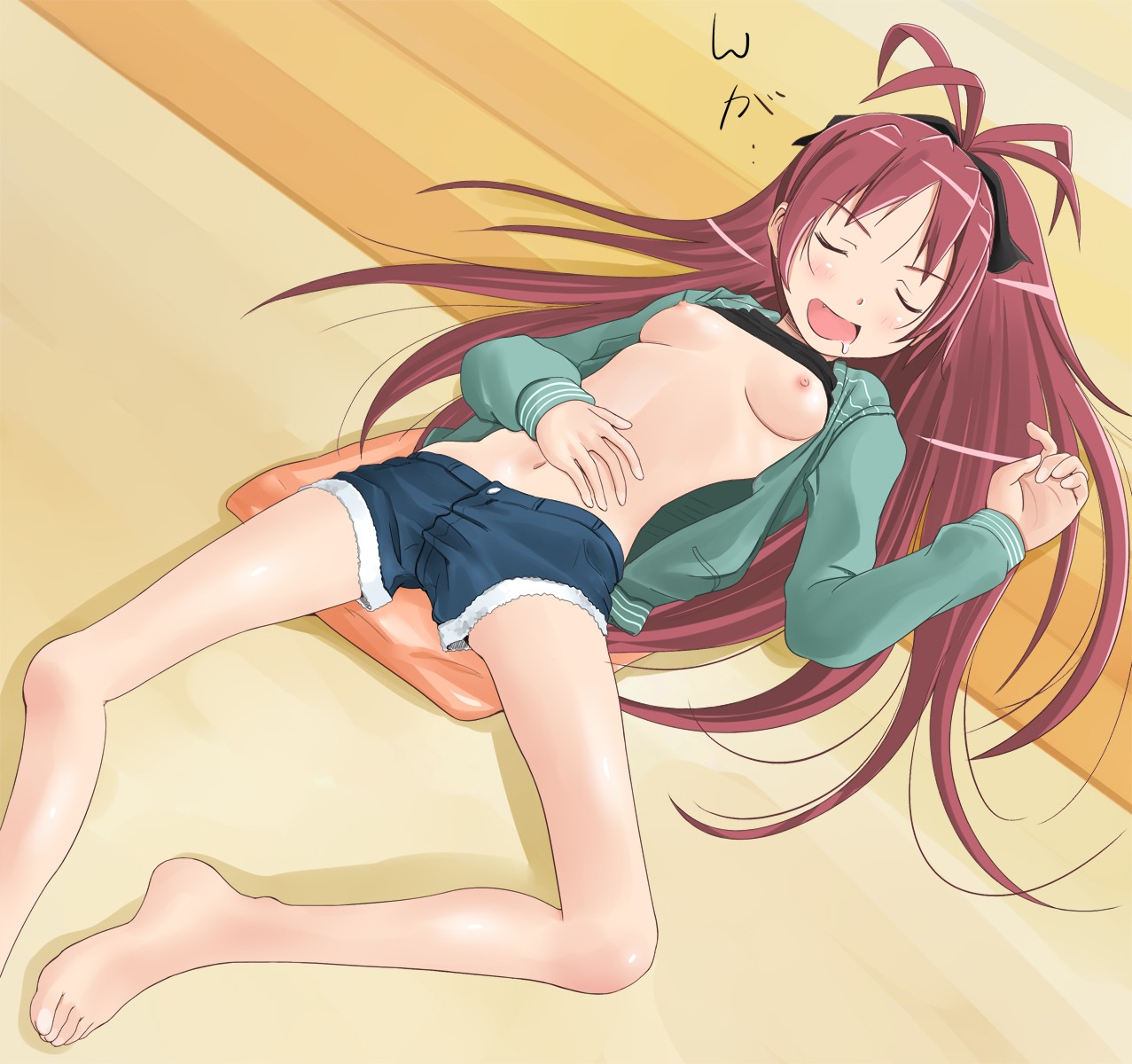 1girls bare_legs barefoot blush bow breasts closed_eyes cute_fang drooling feet female hairbow highres hoodie long_hair lying mahou_shoujo_madoka_magica midriff navel nipples no_bra on_back open_mouth red_hair rule34 sakura_kyouko saliva short_shorts shorts shuuji_(shumi) sleeping smile solo