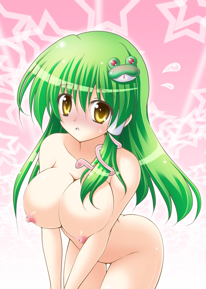 blush breasts female frog highres large_breasts nude open_mouth rule34 sanae_kochiya shin_osada snake touhou