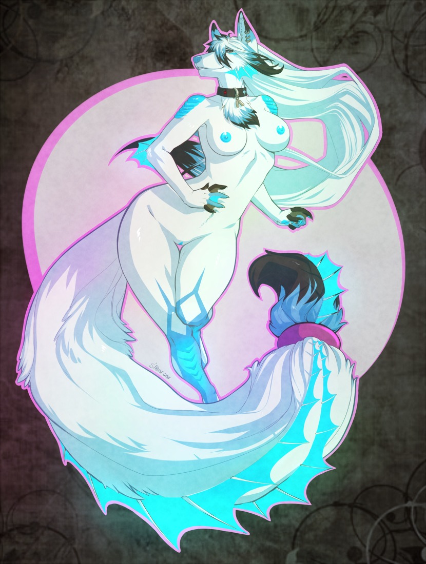 anthro bioluminescence breasts canine chest_tuft collar divashi dragon ear_piercing earring female fox fur furry glowing hair hybrid long_hair looking_at_viewer nipples nude piercing pose pussy roxy rule34 solo spearfrost webbed_hands white_hair