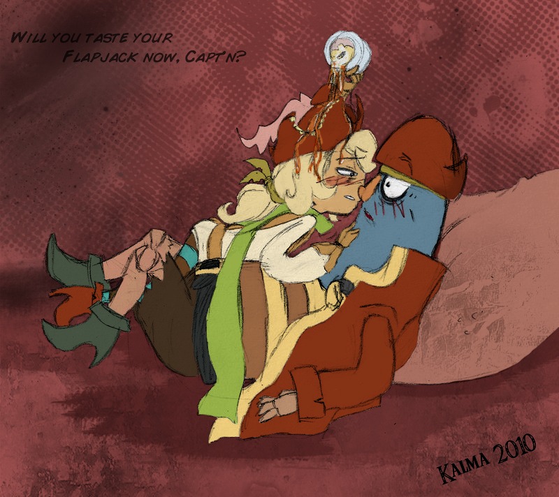 2010 2boys adventurer aged_up blonde_hair blue_skin blush bubbie captain captain_k'nuckles cartoon_network dialogue duo flapjack_(tmmof) human humanoid kalma kalma_the_hedgehog light-skinned_male light_skin looking_at_another male male_only older_male older_male_and_younger_male rule34 squinting teeth_showing text the_marvelous_misadventures_of_flapjack unknown_species watermark yaoi younger_male