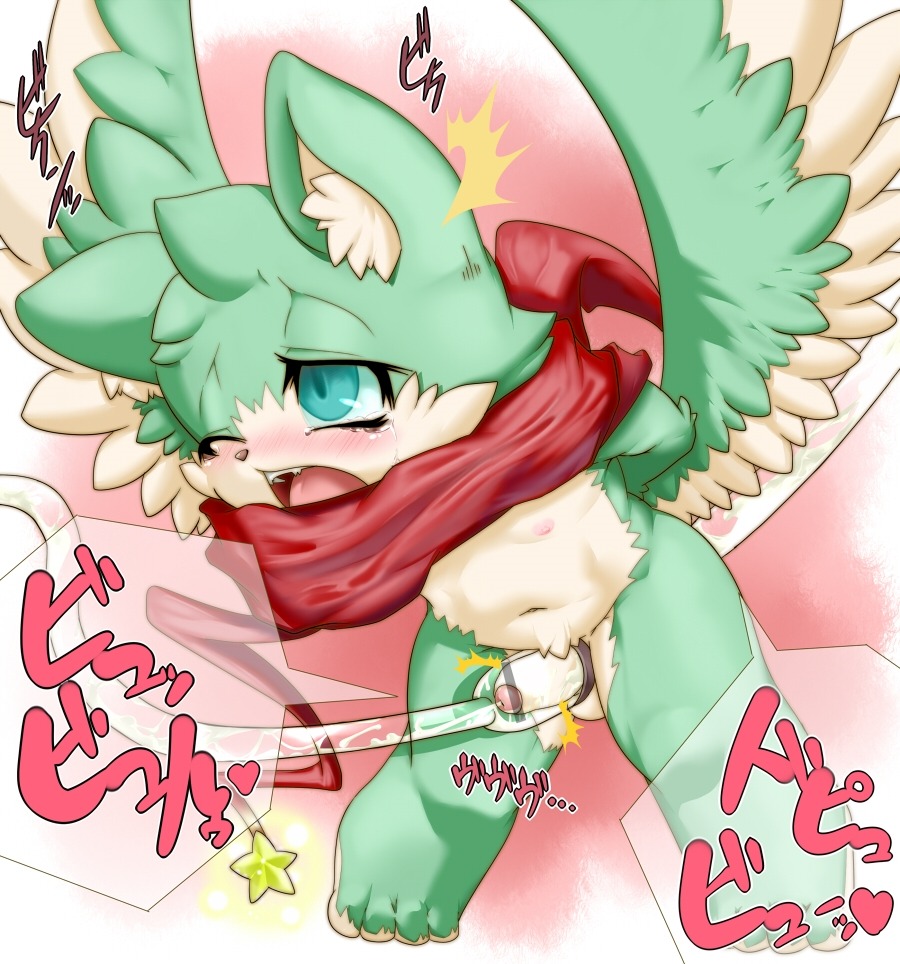 anthro blush bodily_fluids canid canine cum e621 erection feathered_wings feathers foreskin fox fur genital_fluids genitals green_body green_fur humanoid_genitalia humanoid_penis machine male mammal milking_machine penile penis penis_milking scarf shaolin_bones solo source_request wings young young_anthro