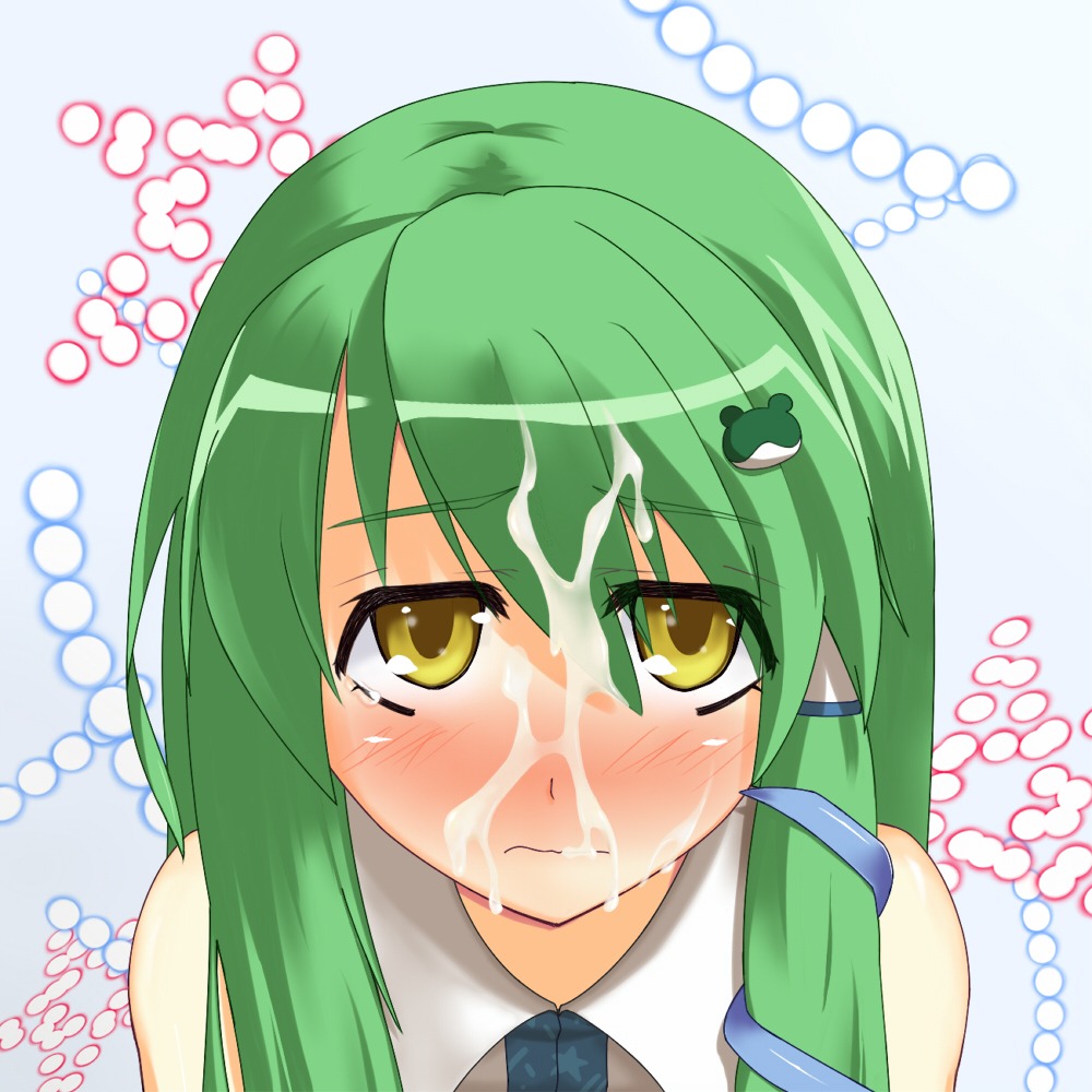 bare_shoulders blush cum facial female green_hair ribbon rule34 sanae_kochiya shyu-indigo tied_hair touhou twintails yellow_eyes