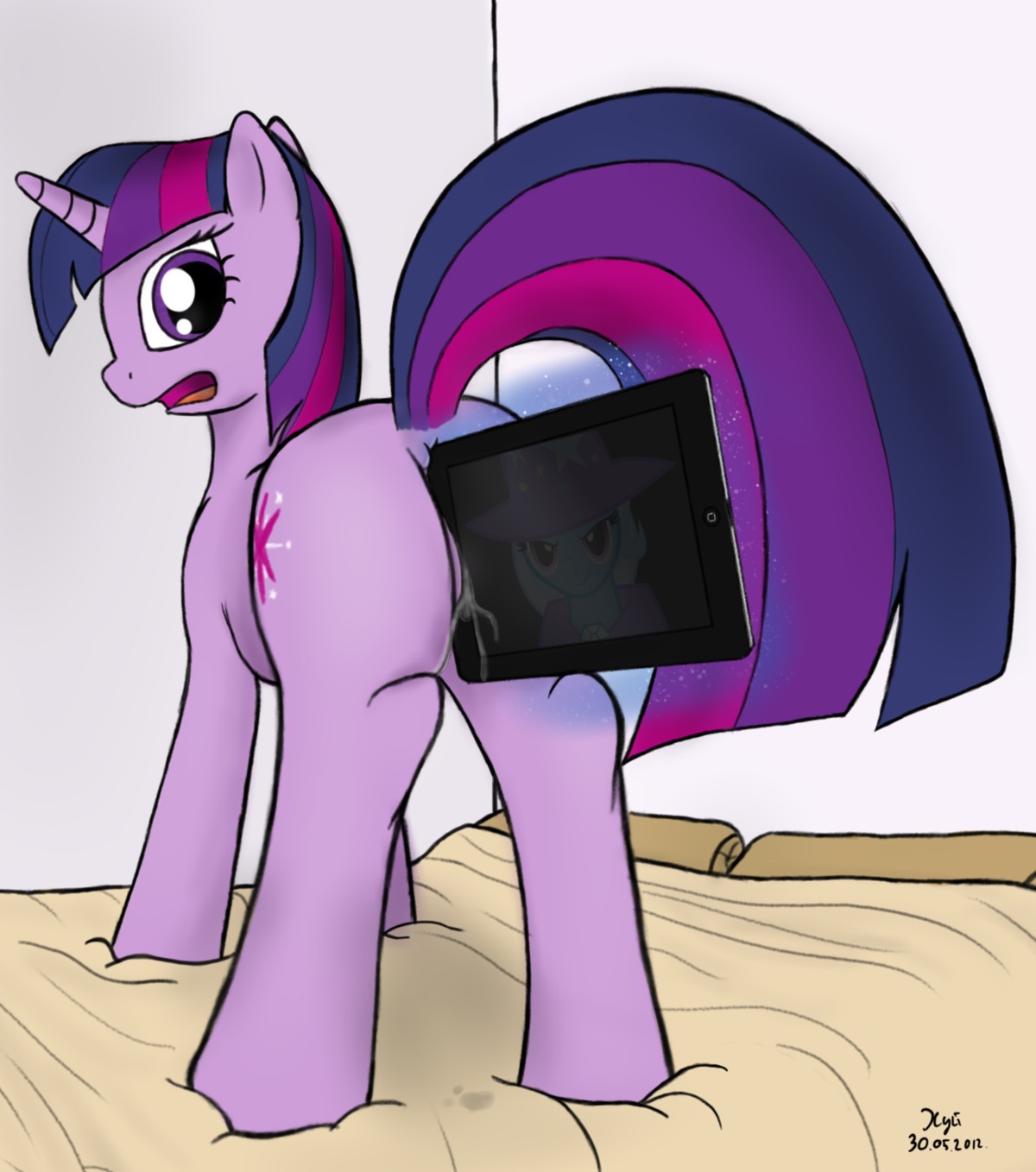 2012 anus apple_inc. bed blue_hair bodily_fluids butt cape clothing cutie_mark e621 electronics equid equine female feral friendship_is_magic fur furniture genital_fluids genitals hair hasbro hat headgear headwear hi_res horn improvised_dildo improvised_sex_toy ipad long_hair looking_back magic mammal multicolored_hair my_little_pony mythological_creature mythological_equine mythology open_mouth penetration pillow purple_body purple_eyes purple_fur purple_hair quadruped smile solo tablet tablet_computer tail trixie_(mlp) twilight_sparkle_(mlp) two_tone_hair unicorn vaginal vaginal_fluids vaginal_penetration vulva xyi