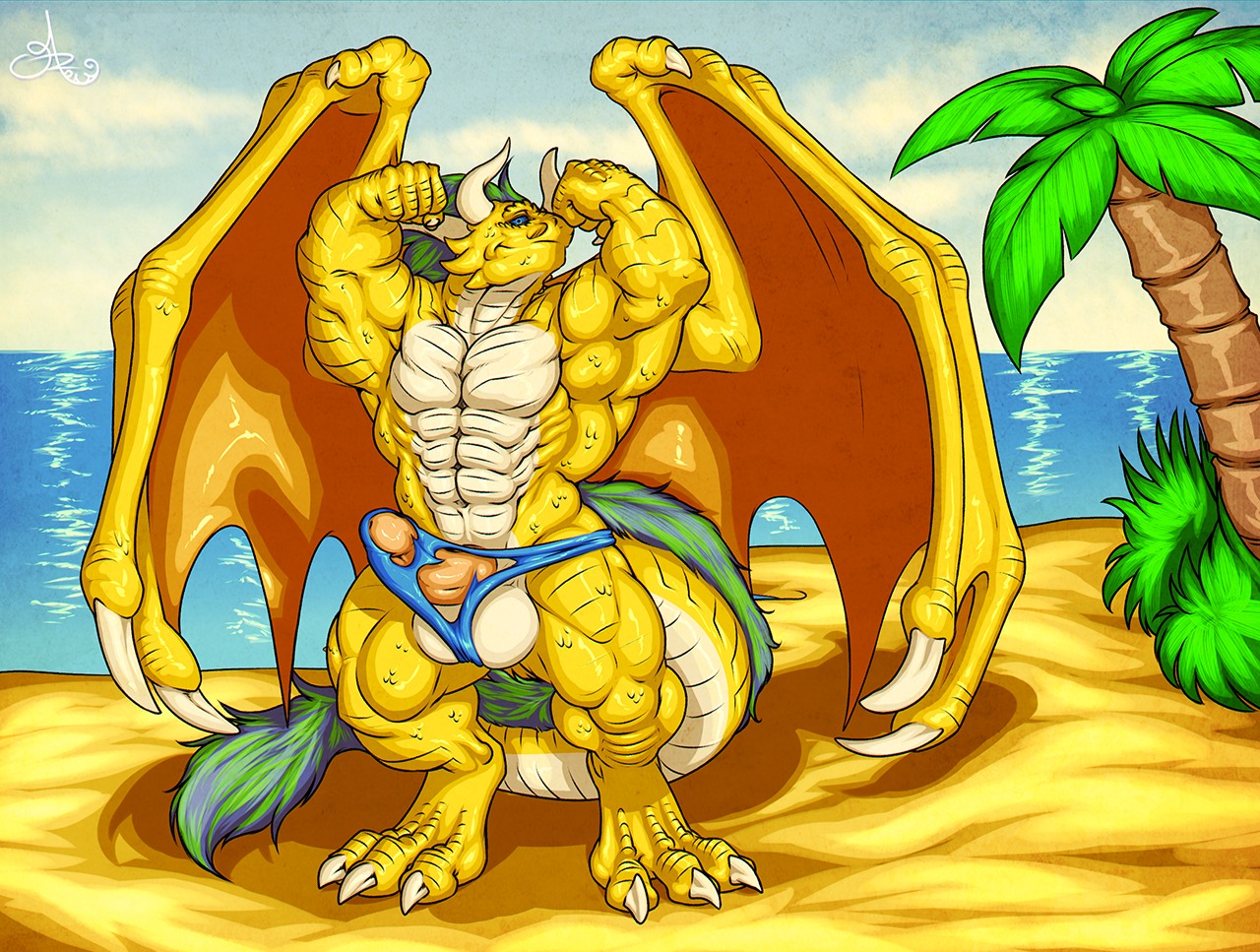 3_toes 5_fingers abs anthro athletic balls beach biceps big_muscles biped blue_eyes bulge claws clothed clothing cloud detailed_background dragon e621 erection european_mythology feet finger_claws fingers flexing genitals horn humanoid_genitalia humanoid_penis male membrane_(anatomy) membranous_wings modem_redpill muscular muscular_anthro muscular_male myr_(character) mythological_creature mythological_scalie mythology outside palm_tree pecs penis plant presenting reptile sand scales scalie sea seaside sky solo speedo standing swimwear tail toe_claws toes topless torn_clothing tree water western_dragon wings yellow_body yellow_scales