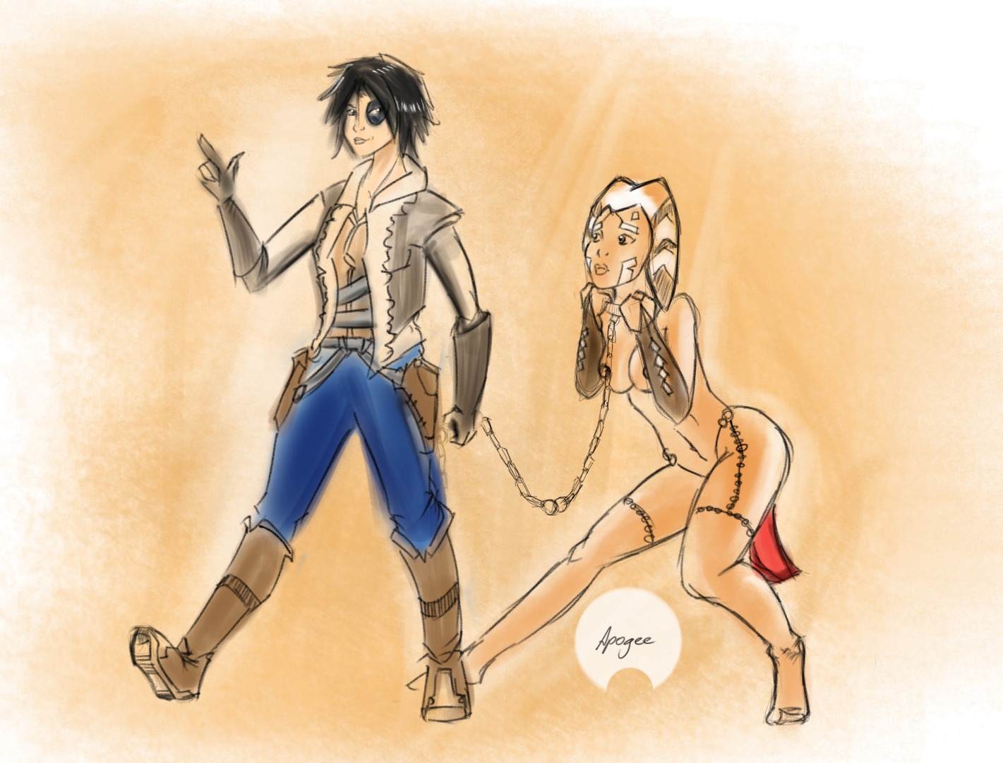 2girls ahsoka_tano apogee_(artist) chain_leash chained clone_wars crossover domino_(marvel) female female_only human humandom humanoid light-skinned_female light_skin marvel marvel_comics multiple_females multiple_girls neena_thurman orange-skinned_female orange_skin rule34 slave_ahsoka star_wars tagme the_clone_wars:_season_one togruta x-men