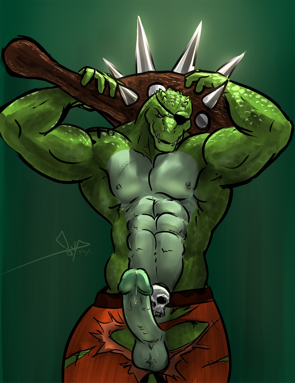 2013 abs anthro balls bgn biceps big_muscles big_penis biped bodily_fluids circumcised clothed clothing club_(weapon) crocodilian digital_media_(artwork) donkey_kong_(series) e621 erection eye_patch eyewear fangs front_view genital_fluids genitals hi_res holding_object holding_weapon humanoid_genitalia humanoid_penis klubba kremling looking_at_viewer male melee_weapon muscular muscular_anthro muscular_male nintendo nipple_piercing nipples nokamarau nude pecs penis piercing precum reptile scalie simple_background solo spikes standing tattoo teeth topless torn_clothing weapon