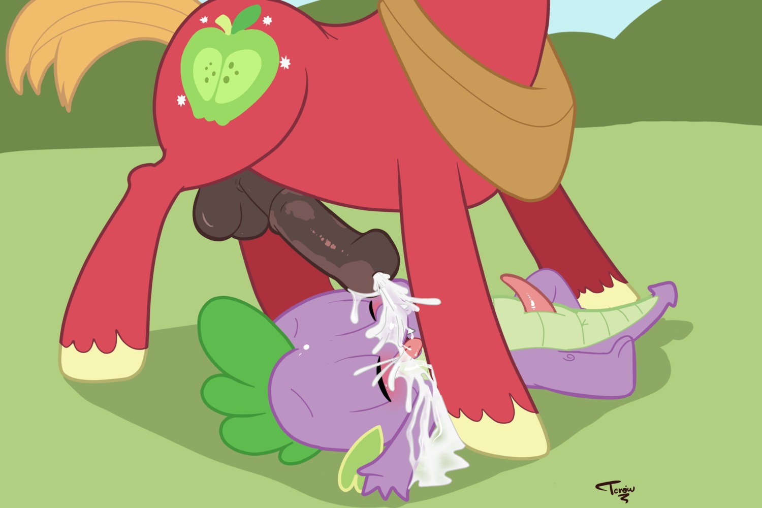 3:2 animal_genitalia animal_penis anthro balls big_macintosh_(mlp) blush bodily_fluids cum cum_on_face cumshot cutie_mark dragon duo e621 earth_pony ejaculation equid equine equine_genitalia equine_penis erection eyes_closed feral friendship_is_magic genital_fluids genitals hasbro hi_res horse launny male male/male mammal messy my_little_pony mythological_creature mythological_scalie mythology orgasm penis plow_yoke pony scalie shota spike_(mlp) tail young young_anthro