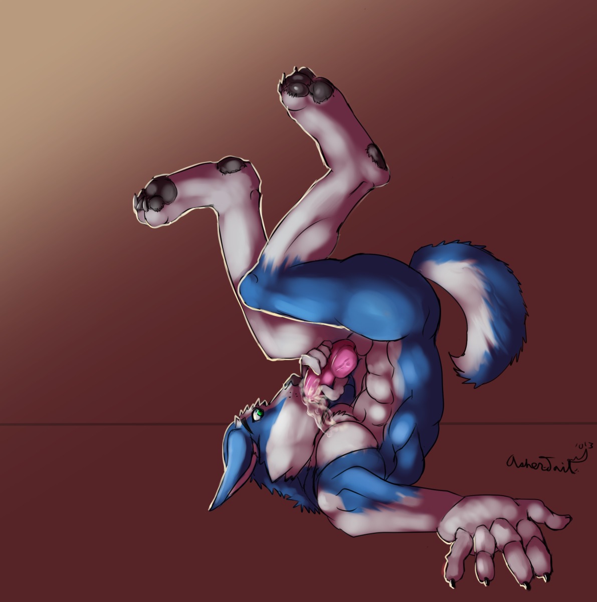 2013 abs animal_genitalia animal_penis anthro asher_tail athletic autofellatio balls biceps biped black_nose black_pawpads blue_body blue_fur bodily_fluids canid canine canine_genitalia canine_penis canis chest_tuft claws cum cum_in_mouth cum_in_own_mouth cum_in_self cum_inside cum_on_chest cum_on_face cum_on_own_face cum_on_penis cum_on_self cumshot domestic_dog e621 ejaculation erection fur genital_fluids genitals green_eyes hair hi_res husky knot leaking legs_up lying male mammal masturbation muscular muscular_anthro nordic_sled_dog nude on_back open_mouth oral oral_masturbation oral_penetration orgasm pawpads paws pecs penetration penile penile_masturbation penis pose presenting sheath solo spitz sucking toe_claws tuft upside_down vein white_body white_fur