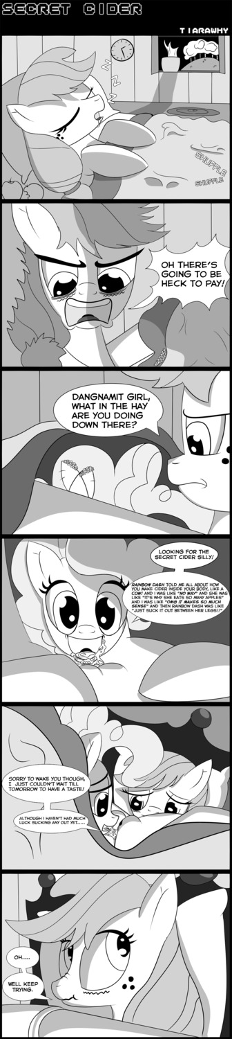 2012 absurd_res applejack_(mlp) blush bodily_fluids comic cunnilingus dialogue e621 earth_pony ejaculation english_text equid equine eyes_closed female female/female feral friendship_is_magic genital_fluids genitals greyscale group hasbro hi_res horse long_image mammal monochrome my_little_pony mythological_creature mythological_equine mythology night oral orgasm pegasus pinkie_pie_(mlp) pony rainbow_dash_(mlp) sex sleeping tall_image text tiarawhy vaginal vaginal_fluids vaginal_squirting vulva wings