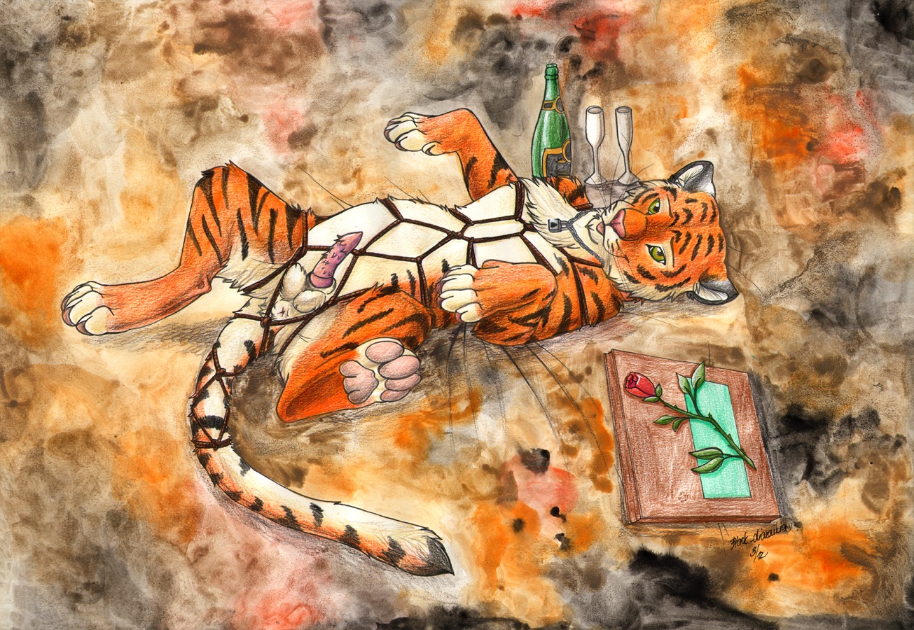4_toes abstract_background alcohol alma_aurora balls bdsm beverage bondage bound champagne champagne_bottle champagne_glass container cup drinking_glass e621 erection feet felid feral flower fur genitals glass glass_container glass_cup growltiger hindpaw male mammal multicolored_body multicolored_fur nude pantherine pawpads paws penile_spines penis plant quadruped rose_(flower) simple_background solo stripes submissive submissive_male tail tiger toes tongue white_body white_fur