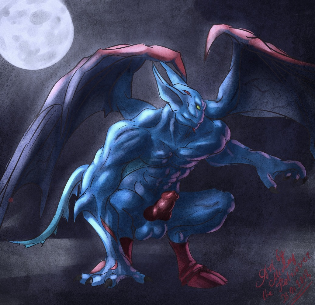 2013 abs animal_genitalia balanar_the_night_stalker balls biceps blue_body blue_skin claws crouching dota e621 erection genitals green_penis horn knot male membrane_(anatomy) membranous_wings mickey_the_retriever monster moon muscular muscular_male nude pecs penis pose presenting red_body red_skin scales solo toe_claws valve valve_corporation wings
