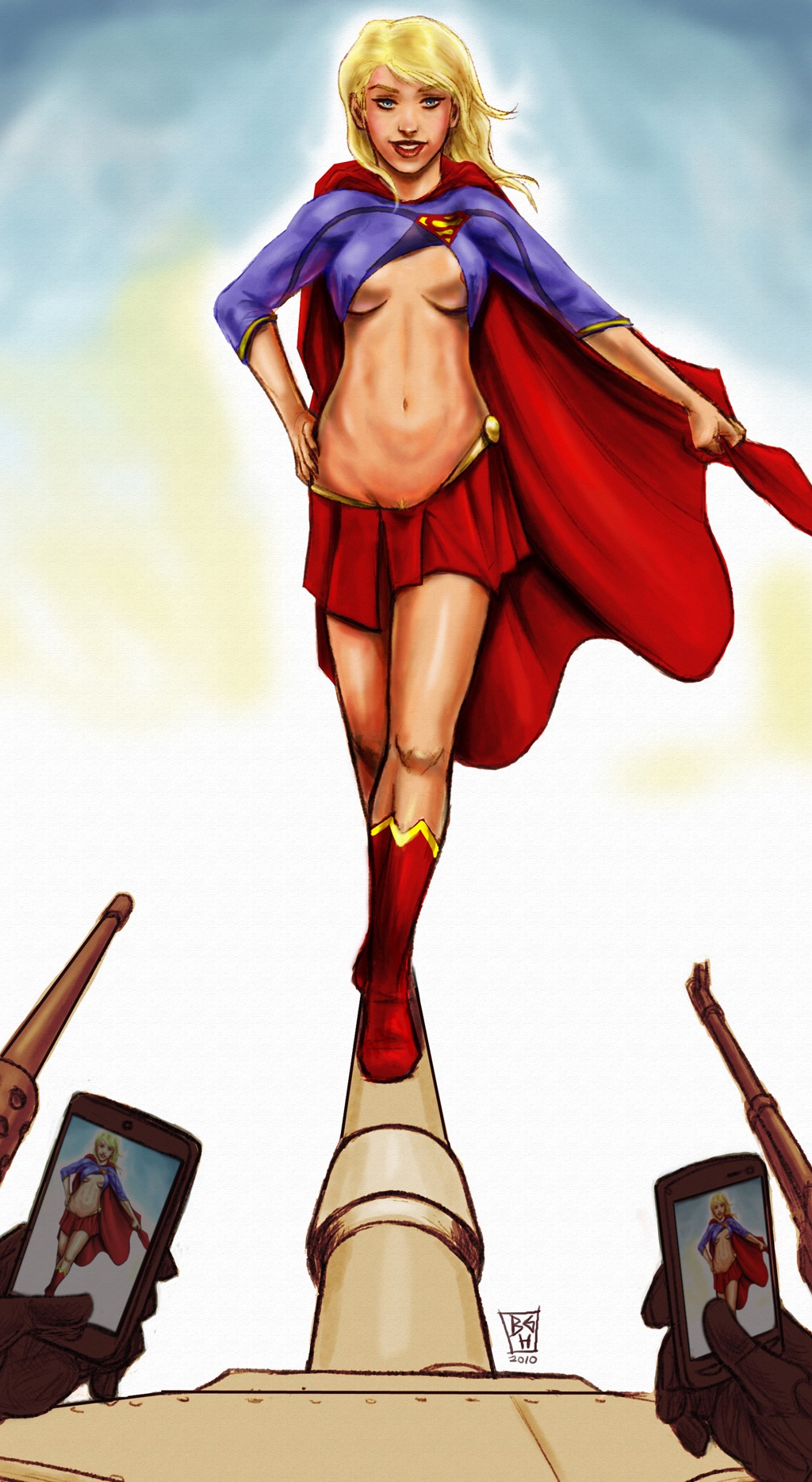 blonde_hair blue_eyes breasts cellphone dc dc_comics female long_hair looking_at_viewer navel nipples rule34 signature supergirl superman_(series) tagme text