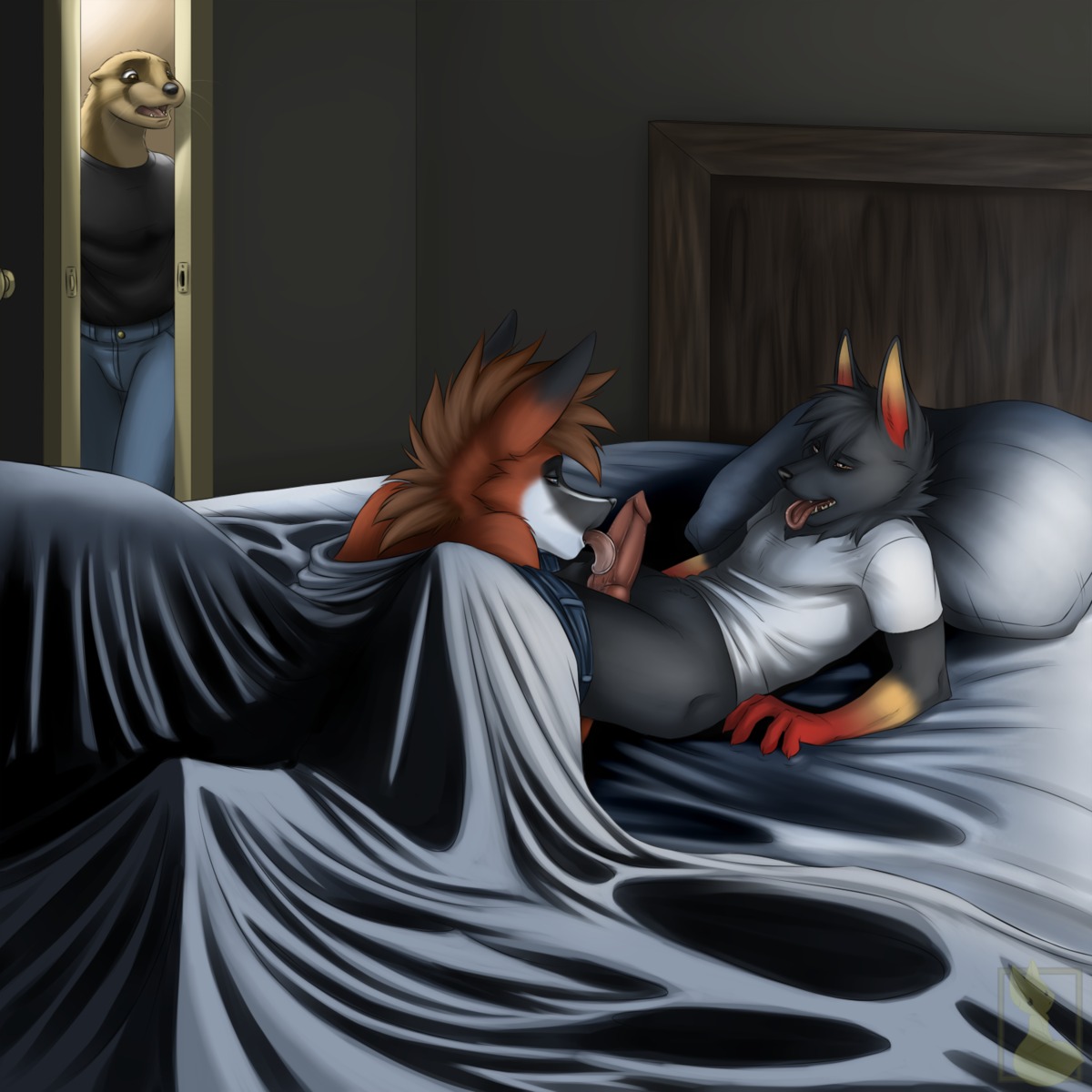 1:1 ambiguous_gender animal_genitalia animal_penis anthro bed bed_sheet bedding being_watched canid canine canine_genitalia canine_penis caught_in_the_act e621 erection fellatio fox furniture genitals group hi_res jeddy knot licking looking_at_another male male/male male_penetrated male_penetrating male_penetrating_male mammal mustelid nateday oral otter penetration penile penis penis_lick pyrocloud sex tongue tongue_out walk-in