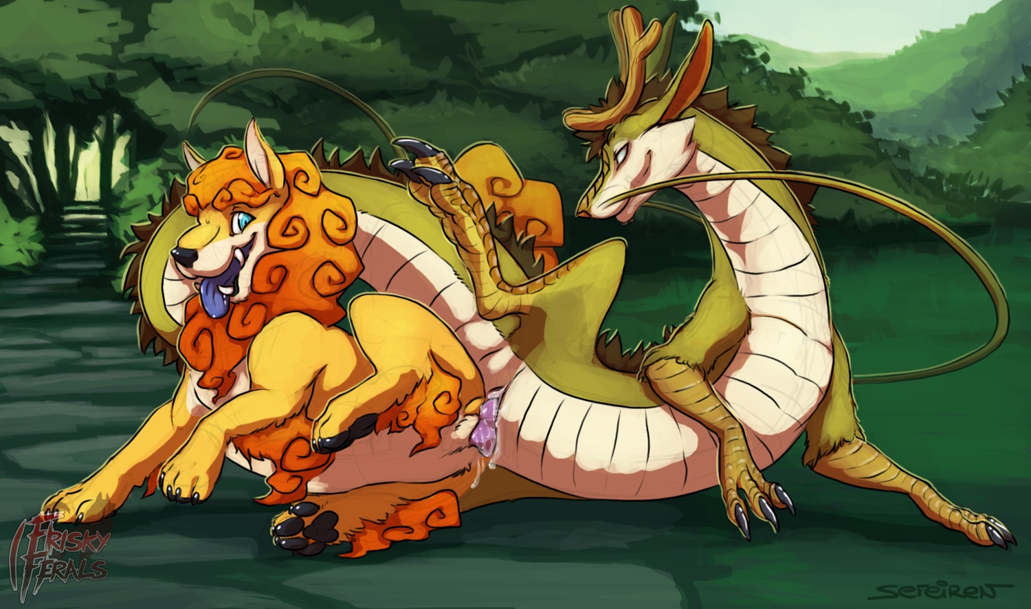 animal_genitalia antlers asian_mythology ass_to_ass balls blue_eyes bodily_fluids claws cloaca cloacal cloacal_knotting cloacal_penetration conditional_dnp cum cum_in_cloaca cum_in_vagina cum_inside detailed_background digitigrade dragon duo e621 east_asian_mythology eastern_dragon erection feet female female_penetrated feral feral_on_feral foo_dog forest free_content frisky_ferals fur genital_fluids genitals grass happy happy_sex hi_res hindpaw horizontal_cloaca horn interspecies knot knotting korean_mythology logo male male/female male_penetrating male_penetrating_female mammal mane mythological_creature mythological_scalie mythology naia_(frisky_ferals) nature nude outside path paws penetration penis plant quon raised_leg scales scalie scenery sefeiren sex spread_legs spreading tail teeth tongue tree vaginal vaginal_knotting vaginal_penetration wet whiskers wood xiezhi