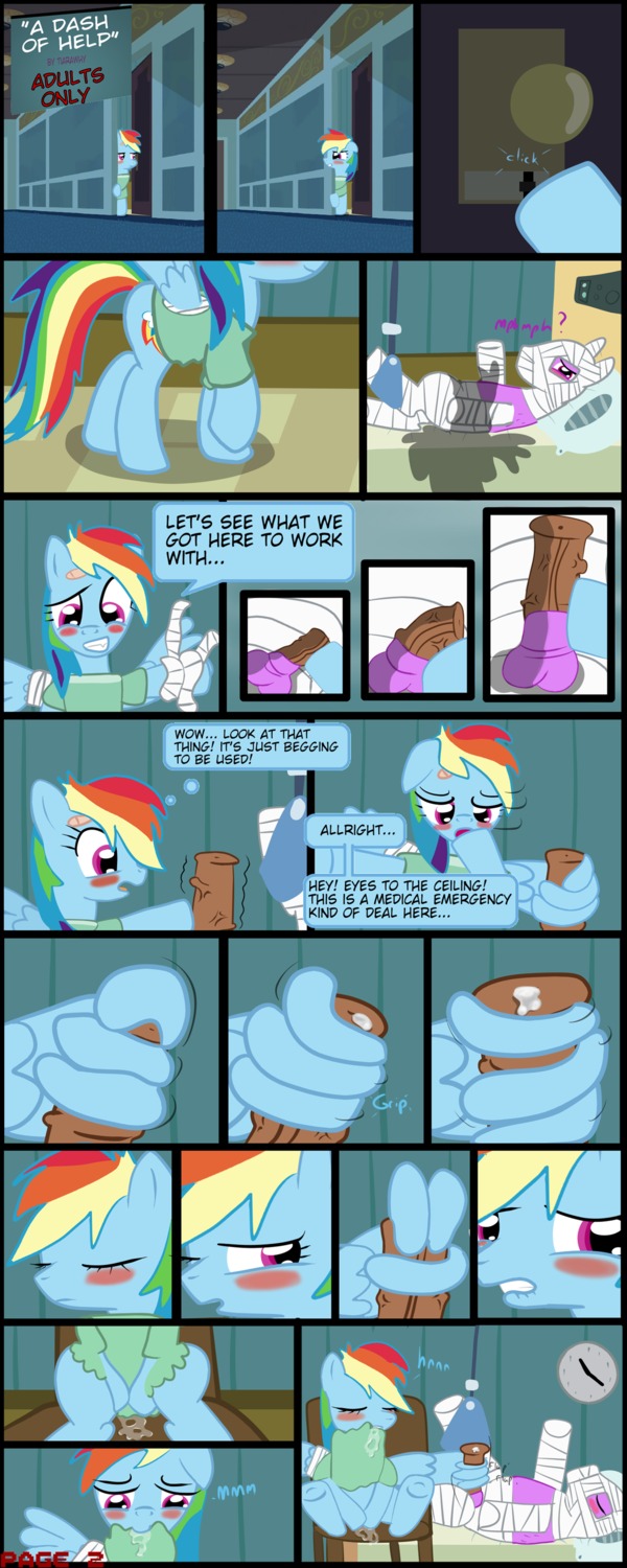 absurd_res animal_genitalia animal_penis balls bandage bandage_mummy_(mlp) blue_body blue_feathers blue_fur blush bodily_fluids body_cast cast clock comic cum cutie_mark dialogue drooling duo e621 english_text equid equine equine_genitalia equine_penis erection eyes_closed feathered_wings feathers female feral friendship_is_magic fur genital_fluids genitals hair hasbro hi_res hospital male male/female mammal masturbation medical multicolored_hair multicolored_tail my_little_pony mythological_creature mythological_equine mythology oral patient pegasus penis precum purple_body purple_eyes purple_fur rainbow_dash_(mlp) rainbow_hair rainbow_tail saliva tail teeth text tiarawhy vaginal vaginal_fluids vaginal_masturbation wings