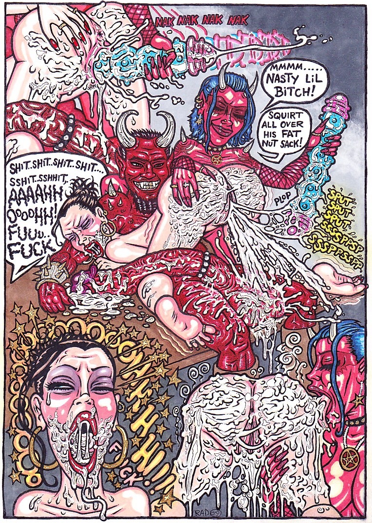anus balls big_breasts bisexual bodily_fluids breasts butt comic cum cum_in_mouth cum_inside cum_on_butt demon dildo e621 ear_piercing english_text erection excessive_cum excessive_genital_fluids female female/female forced genital_fluids genitals group horn humanoid inverted_pentacle lips male male/female marker_(artwork) mixed_media not_furry nude occult_symbol orgasm pen_(artwork) penetration penis pentacle pentagram piercing pubes rape red_lips sex sex_toy symbol text theseus9 toying_partner traditional_media_(artwork) vaginal vulva
