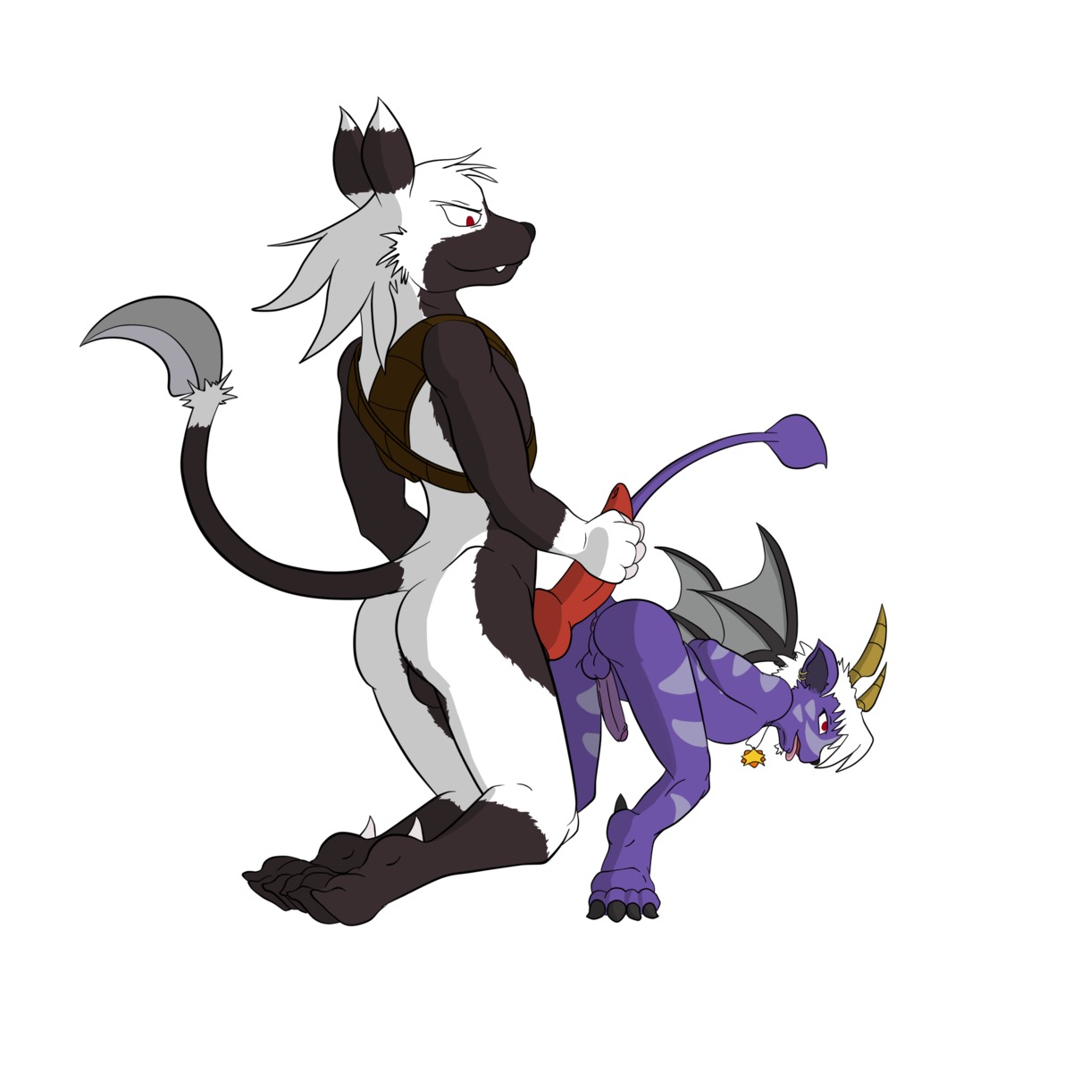 abs all_fours anthro anus ass balls buwaro_elexion canine chest_tuft claws collaboration dark-moltres demon erection fur furry gay hindpaw horn iratu_elexion knot looking_at_viewer lying male muscles nipples no_humans nude paws pendant penis piercing plain_background pose presenting purple red_eyes rule34 sigh-otter size_difference slightly_damned stripes webcomic