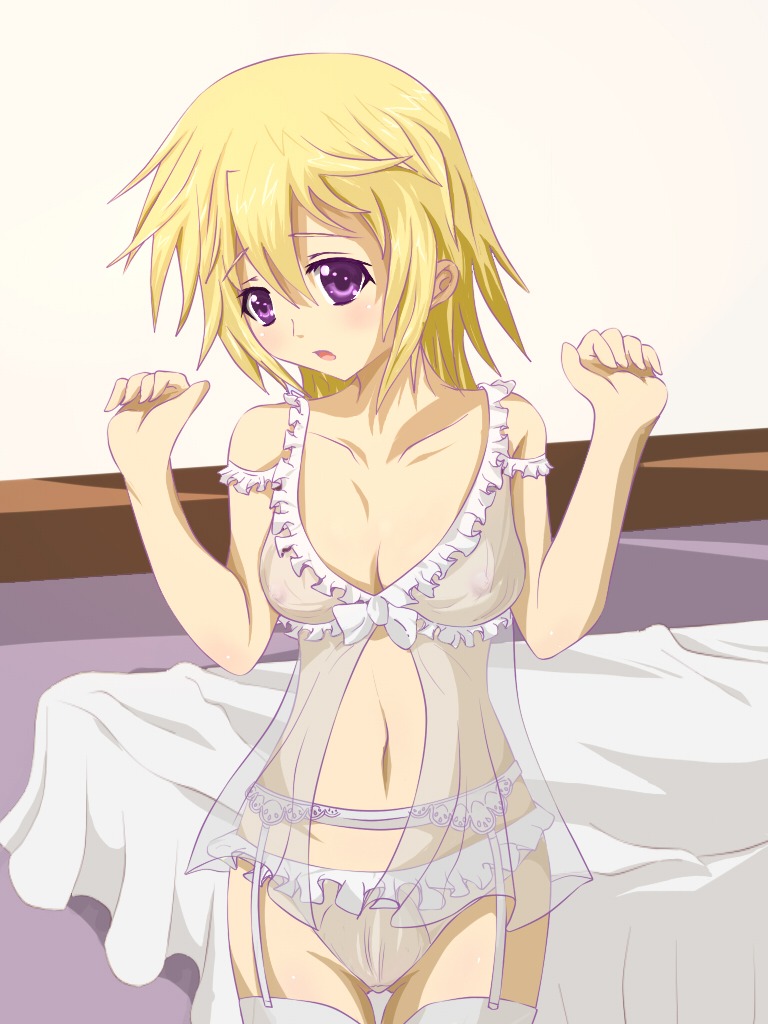 big_breasts blonde_hair blush breasts charlotte_dunois female infinite_stratos large_breasts lingerie navel negligee nightgown nipples panties pointy_chin purple_eyes rule34 see-through thighhighs underwear white_panties