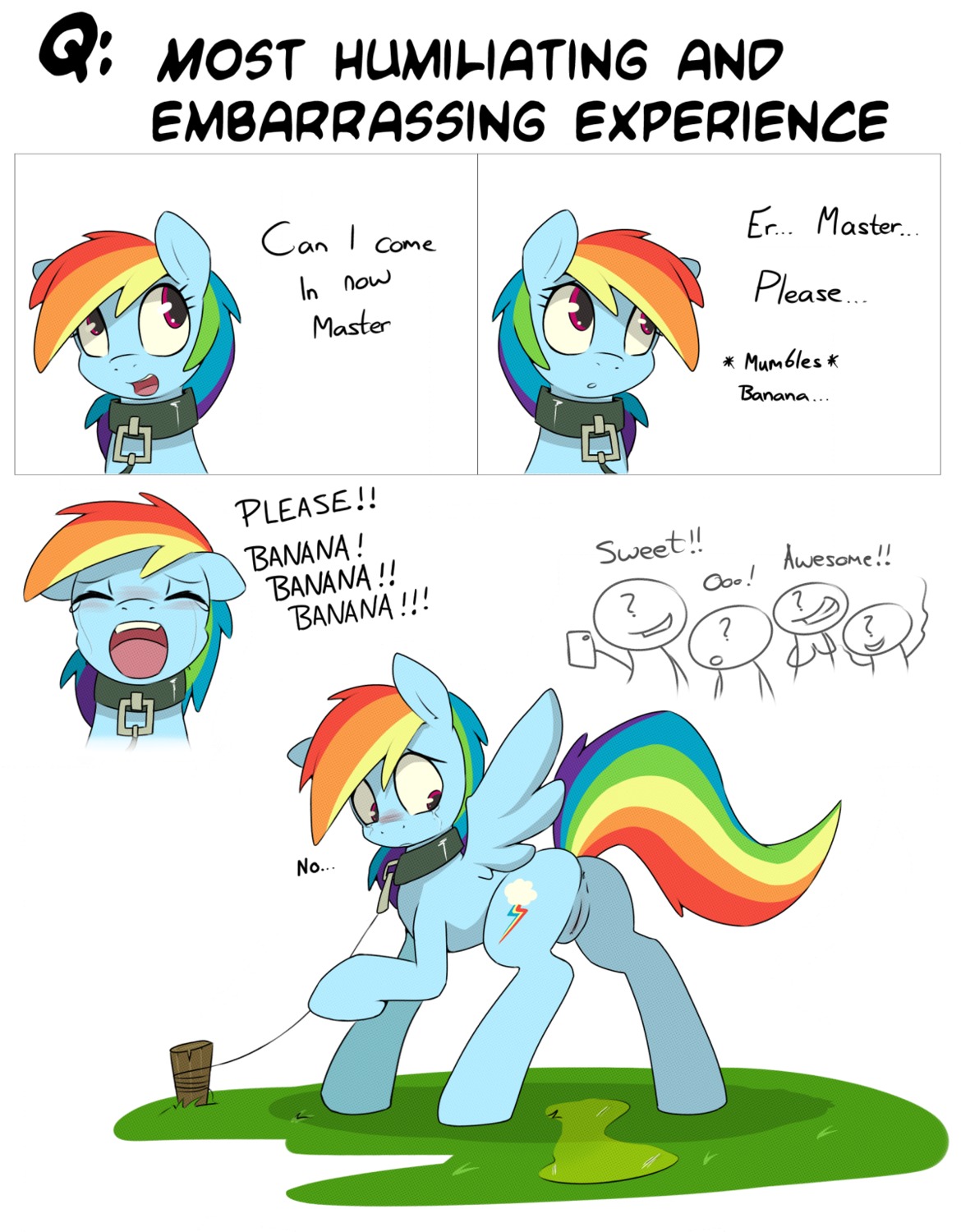 anus bdsm begging blue_body blue_feathers blue_fur blush bodily_fluids butt collar comic cutie_mark dialogue digital_media_(artwork) e621 english_text equid equine eyes_closed feathered_wings feathers female feral friendship_is_magic fur genital_fluids genitals grass group grumblepluck hair hasbro hi_res humiliation leash mammal multicolored_hair multicolored_tail my_little_pony mythological_creature mythological_equine mythology nude omorashi open_mouth panicking peeing pegasus petplay plant public public_humiliation purple_eyes rainbow_dash_(mlp) rainbow_hair rainbow_tail roleplay simple_background solo_focus spread_legs spreading tail tears text tongue urine urine_on_ground urine_pool vulva watersports white_background wing_boner wings
