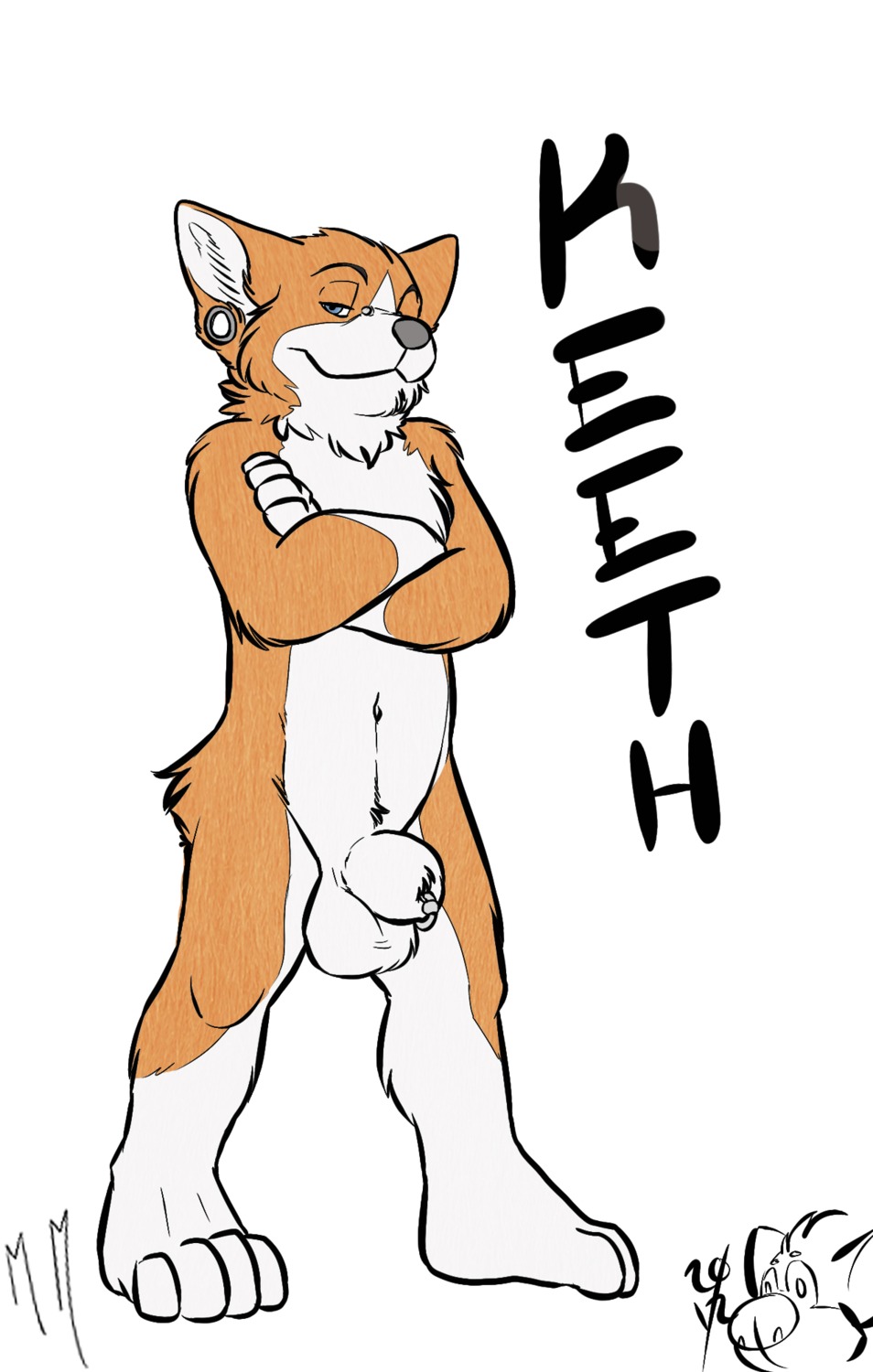 animal_genitalia anthro balls biped blue_eyes bridge_piercing canid canine canis crossed_arms domestic_dog e621 ear_piercing facial_piercing fully_sheathed fur furgonomic_piercing furgonomics gauged_ear genital_piercing genitals grey_nose herding_dog hi_res keeth looking_at_viewer male mammal mcmeow navel nose_piercing nude orange_body orange_fur pastoral_dog paws piercing plantigrade sheath sheath_piercing simple_background solo standing ten welsh_corgi white_background white_body white_fur