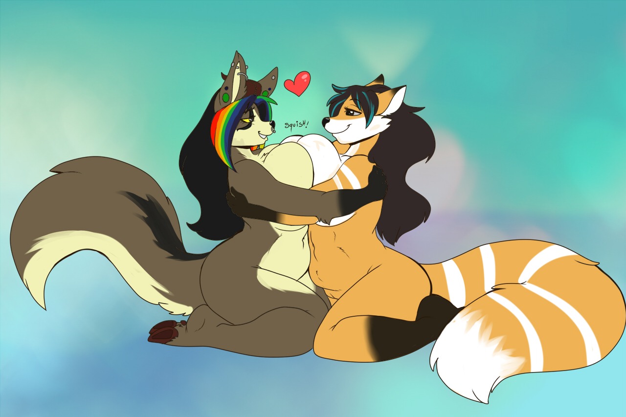 anthro big_breasts breast_squish breasts breasts_frottage canid canine curvy_figure duo e621 ear_piercing eye_contact facial_piercing female female/female fox genitals heart_symbol hooves horn kneeling looking_at_another mammal nose_piercing nude phuufy piercing rainbow septum_piercing slightly_chubby squish voluptuous vulva