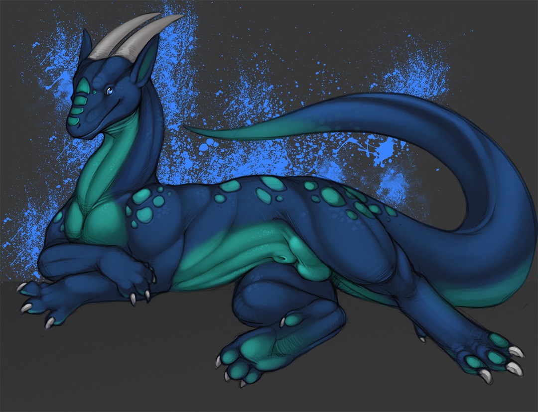 2012 4_toes animal_genitalia balls blue_body blue_eyes blue_theme claws conditional_dnp digitigrade dragon drakni e621 european_mythology feet feral fully_sheathed genitals hindpaw horn looking_at_viewer lying male mythological_creature mythological_scalie mythology non-mammal_balls nude paws pose relaxing scalie sheath simple_background soles solo spots tail thick_tail toes tojo_the_thief western_dragon