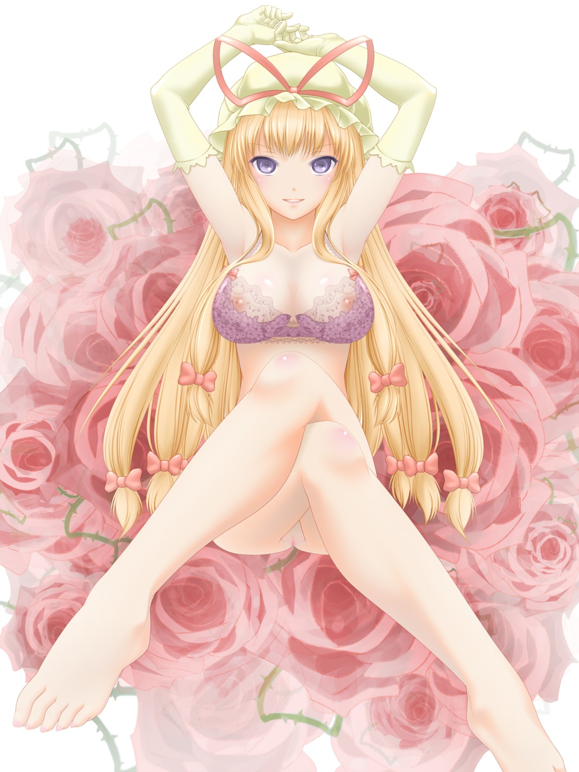 1girls arms_up barefoot blonde_hair bottomless bow bra breasts crossed_legs elbow_gloves feet female flower gloves hairbow hat highres koibumi lace_bra legs legs_crossed lingerie long_hair pink_bra purple_eyes pussy rose rule34 sitting solo thorn thorns touhou uncensored underwear underwear_only white_gloves yukari_yakumo