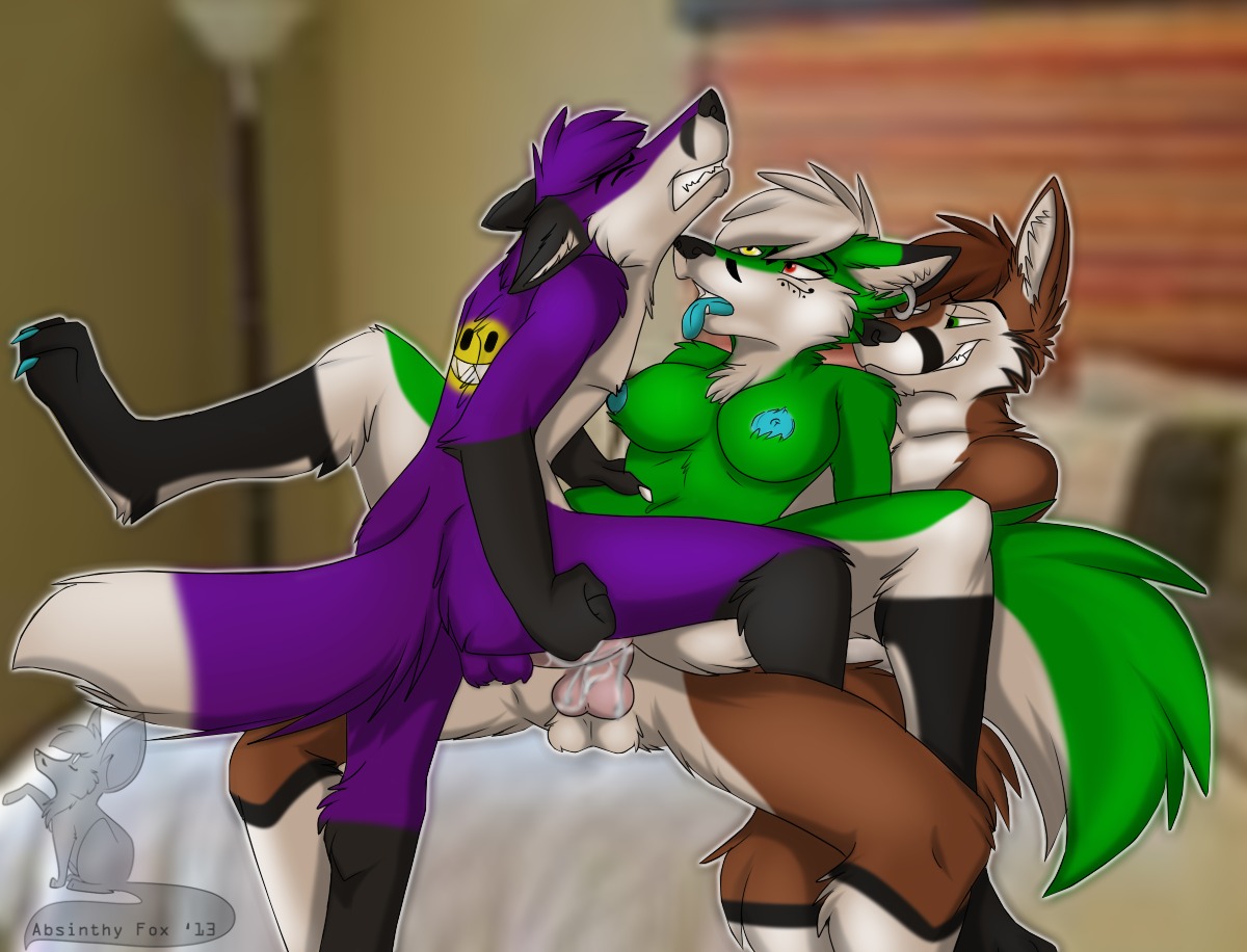 2013 absinthy anthro anthro_on_anthro balls bed blue_tongue bodily_fluids breasts canid canine cum cumshot dipstick_tail e621 ejaculation erection feet female fox fox_fury fur furniture genital_fluids genitals green_body green_fur group group_sex hair heterochromia hindpaw knot lying male male/female mammal markings nipples nude on_back on_bed orgasm paws penetration penis purple_body purple_fur sex spread_legs spreading tail tail_markings threesome tongue trio white_body white_fur white_hair