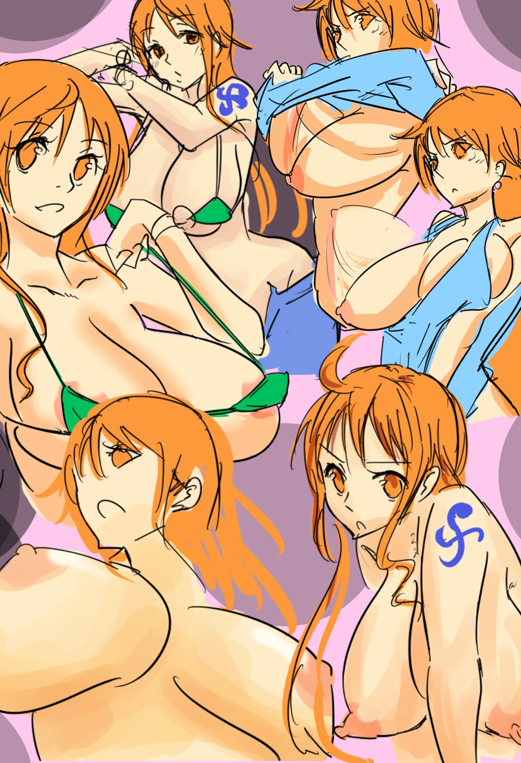 1girls arm_tattoo bikini blue_tattoo clothing female female_only jeans long_hair nami_(one_piece) one_piece orange-haired_female orange_hair post-timeskip rule34 tagme tattoo y-shit