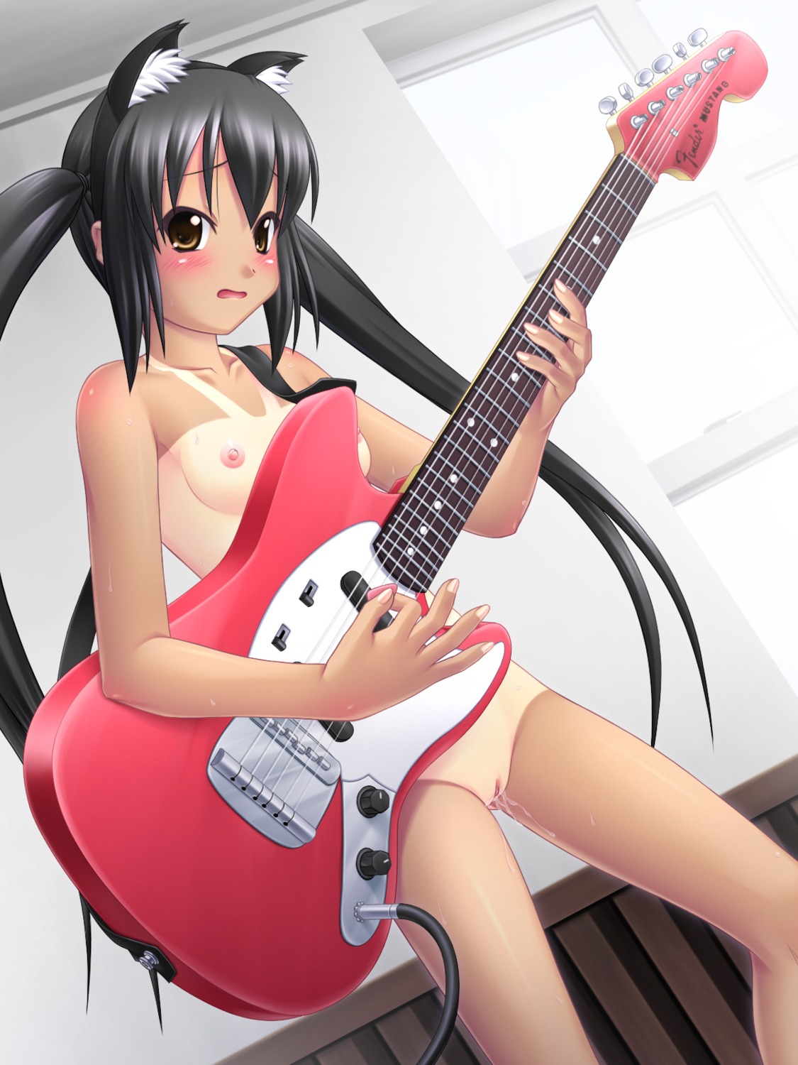 azusa_nakano_(k-on!) black_hair blush brown_hair cat_ears electric_guitar eyebrows_visible_through_hair female female_only guitar guitar_pick human human_only k-on! nipples nude pussy pussy_juice rule34 solo tanline twintails