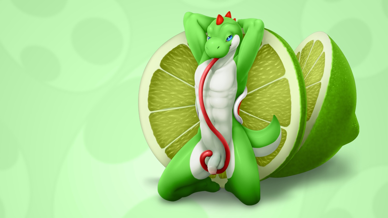 16:9 2014 abs anthro athletic athletic_anthro athletic_male balls barefoot biped blue_eyes digital_media_(artwork) dinosaur e621 feet flaccid food foreskin fruit genitals green_body green_scales green_yoshi hands_behind_head hi_res humanoid_genitalia humanoid_penis kneeling lime long_tongue looking_at_viewer male mario_bros navel nintendo nude pecs penis plant prehistoric_species reptile scales scalie simple_background smile solo spikes tail tongue tongue_out vader-san wallpaper white_body white_scales widescreen yoshi