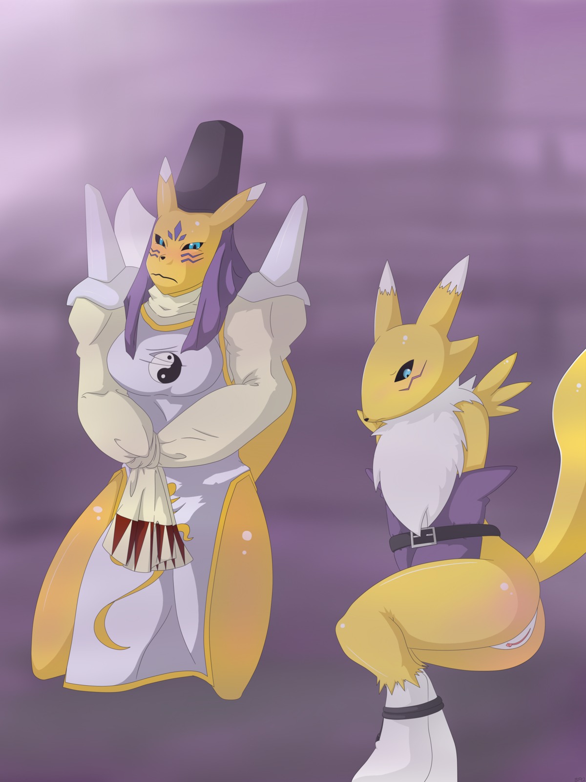 anthro ass barefoot black_sclera bound bpq00x closed_mouth clothes color digimon female female_only fur furry furry_ass furry_tail interspecies multiple_females nude pussy renamon rule34 tagme tail taomon vulva