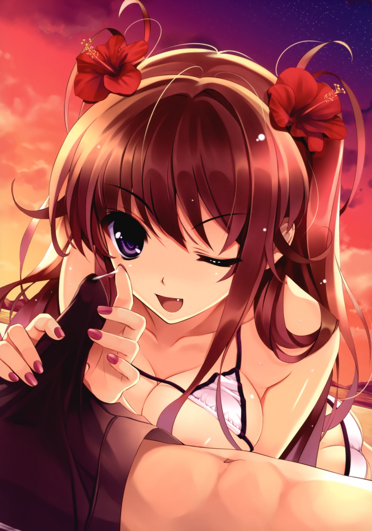 ;d bikini breasts bulge cleavage clothed_erection comic_aun cover cute_fang erection female fingernails flower hair_flower hair_ornament highres long_hair magazine_cover male misaki_kurehito nail_polish open_mouth penis precum rule34 scan smile string_bikini swimsuit wink