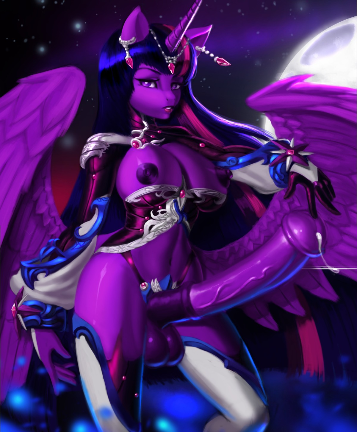 2014 animal_genitalia animal_penis anthro anthrofied balls big_penis biped bodily_fluids breasts cum dclzexon e621 equid equine equine_genitalia equine_penis erection feathered_wings feathers friendship_is_magic fur genital_fluids genitals gynomorph hair hasbro hi_res horn intersex long_hair mammal moon multicolored_hair my_little_pony mythological_creature mythological_equine mythology navel night nipples outside penis purple_body purple_eyes purple_feathers purple_fur purple_hair solo twilight_sparkle_(mlp) two_tone_hair winged_unicorn wings