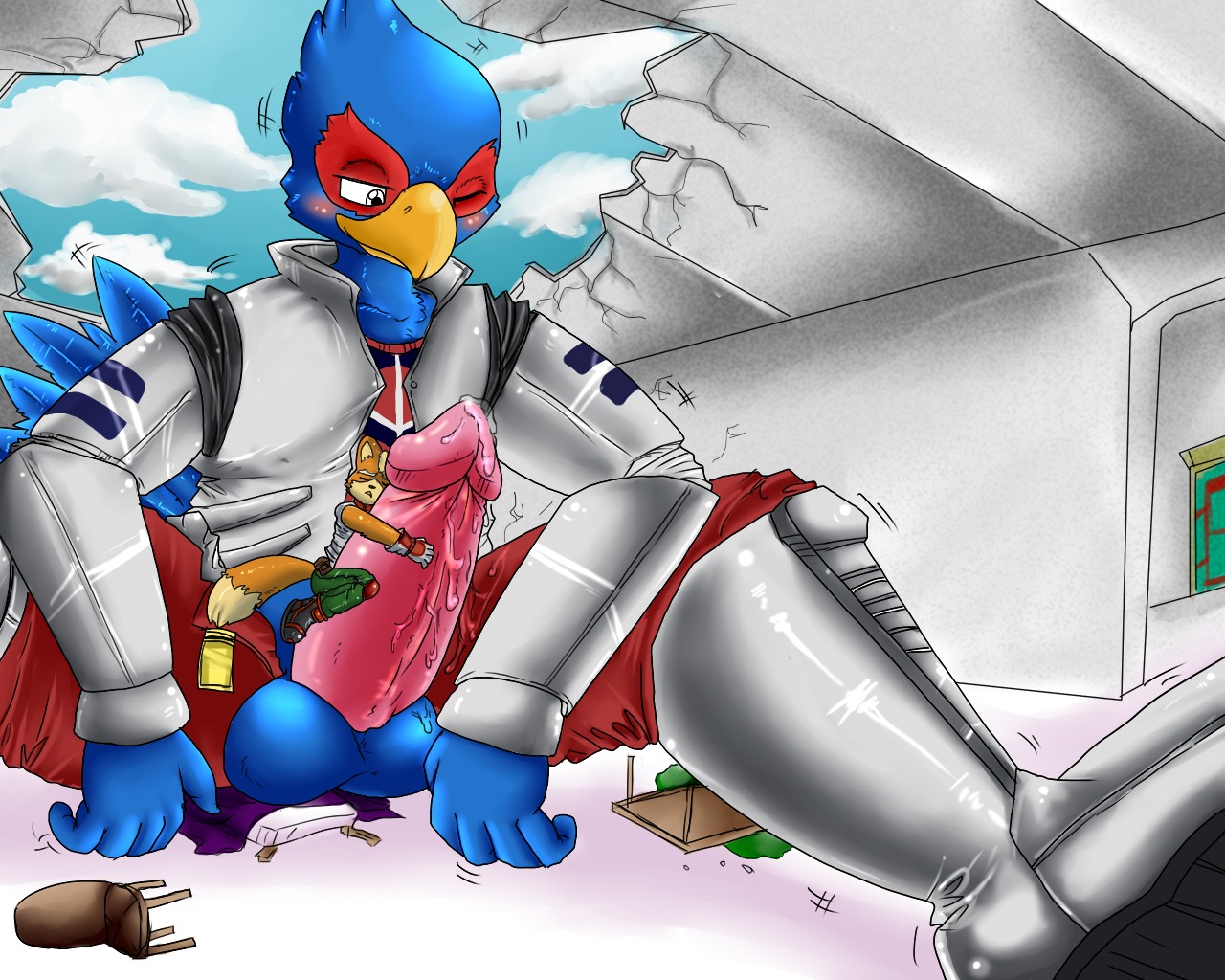 5:4 anthro avian beak bird blue_body blue_feathers bodily_fluids canid canine dipstick_tail duo e621 erection extreme_size_difference falco_lombardi feathers fox fox_mccloud genital_fluids genitals kuroneko larger_male macro male male/male mammal markings nintendo penis precum size_difference smaller_male star_fox tail tail_markings