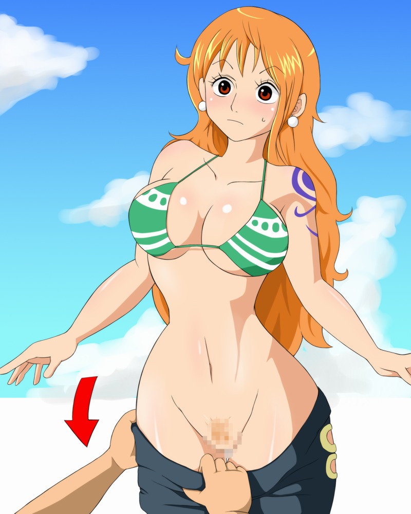 1boy 1girls arm_tattoo artist_request bikini blue_tattoo bra breasts censored censored_pussy clothing denim female green_bikini hairy_pussy jeans lingerie long_hair male monkey_d_luffy nami_(one_piece) no_panties one_piece orange-haired_female orange_hair pants post-timeskip pubes pubic_hair pussy pussy_hair rule34 striped_bikini tattoo tattoo_on_arm tattooed_arm underwear undressing undressing_another