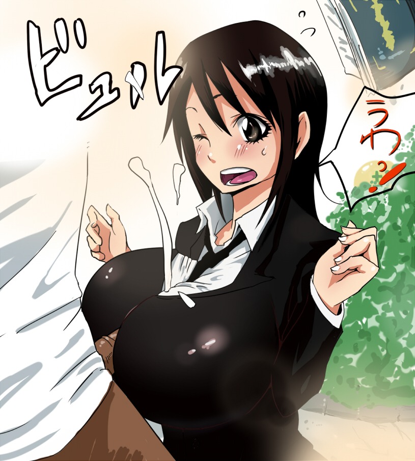 black_hair blush breasts cum ejaculation female huge_breasts long_hair male paizuri penis rule34 straight uncensored wink