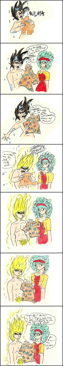 afro black_hair bulma_(afro) bulma_briefs color comic dragon_ball dragon_ball_z female hair human male rule34 vegeta yellow_hair
