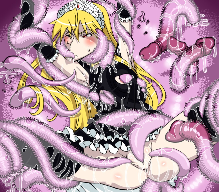anus armpit armpits arms_up black_dress black_legwear black_thighhighs blonde_hair blush clothes clothing dress female hair hime_(kaibutsu_oujo) hinoki kaibutsu_oujo lilianne long_hair no_panties princess_resurrection red_eyes restrained rule34 solo spread_legs stockings sweatdrop tentacle tentacle_under_clothes thighhighs tiara torn_clothes uncensored wince
