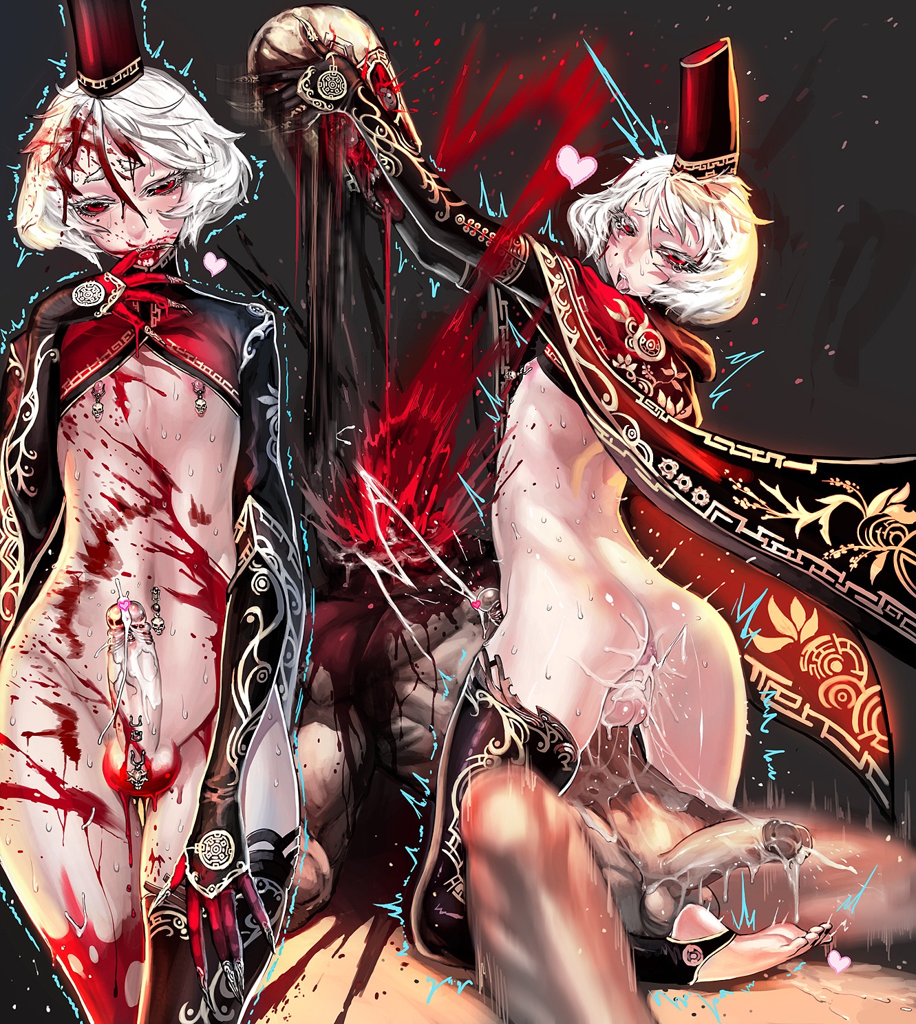 3boys after_sex amputation anal androgynous anus ass balls beige_skin bleeding blood blood_splatter blood_spray blood_stain clothes color cum cum_in_ass death decapitation elbow_gloves eyebrows feet finger_in_mouth fingernails gloves gore guro hair hat highres injury jeffr large_penis long_fingernails male male_death male_only multiple_males murder nail_polish navel_piercing nipple_piercing nipple_rings nipples nude original penis penis_piercing piercing red_blood red_eyes rule34 severed_head short_hair sweat testicles thighhighs trap white_hair wound yaoi