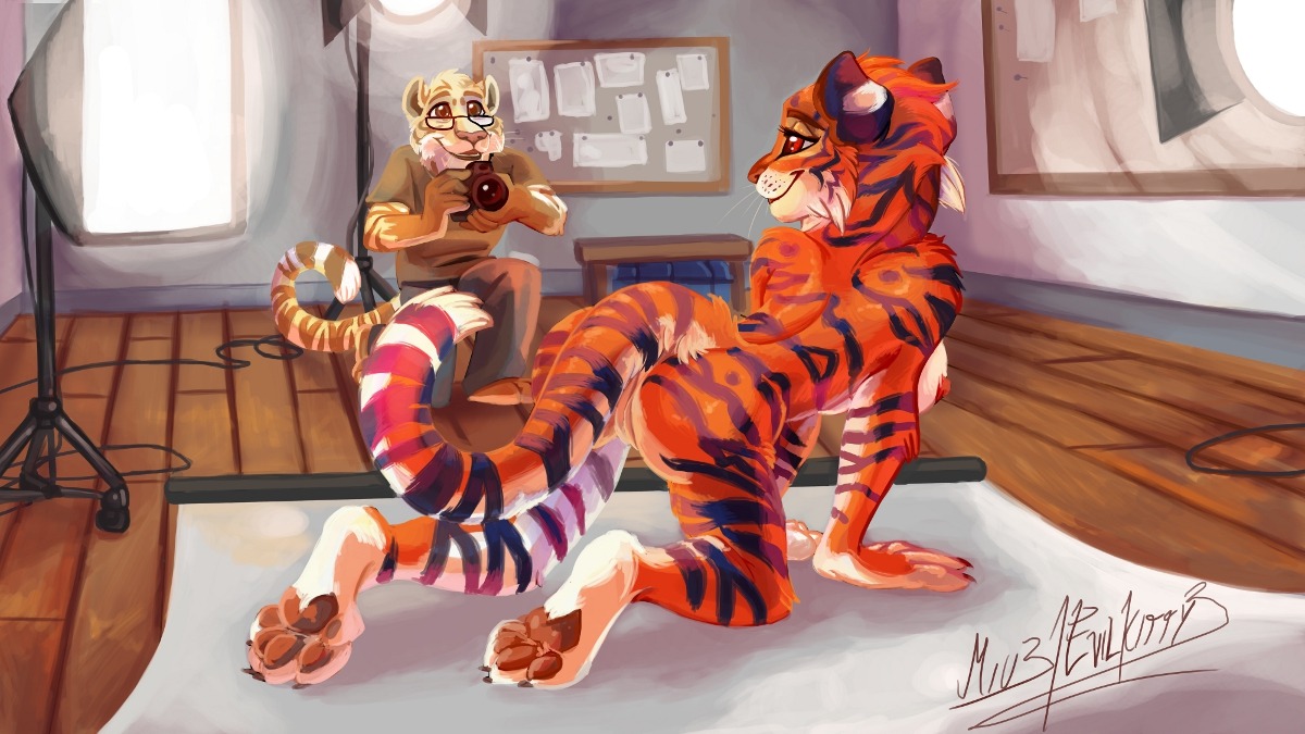 16:9 all_fours anthro breasts camera clothed clothing duo e621 evilkitty3 felid female genitals male mammal nipples nude pantherine photographer pose tail tiger vulva widescreen