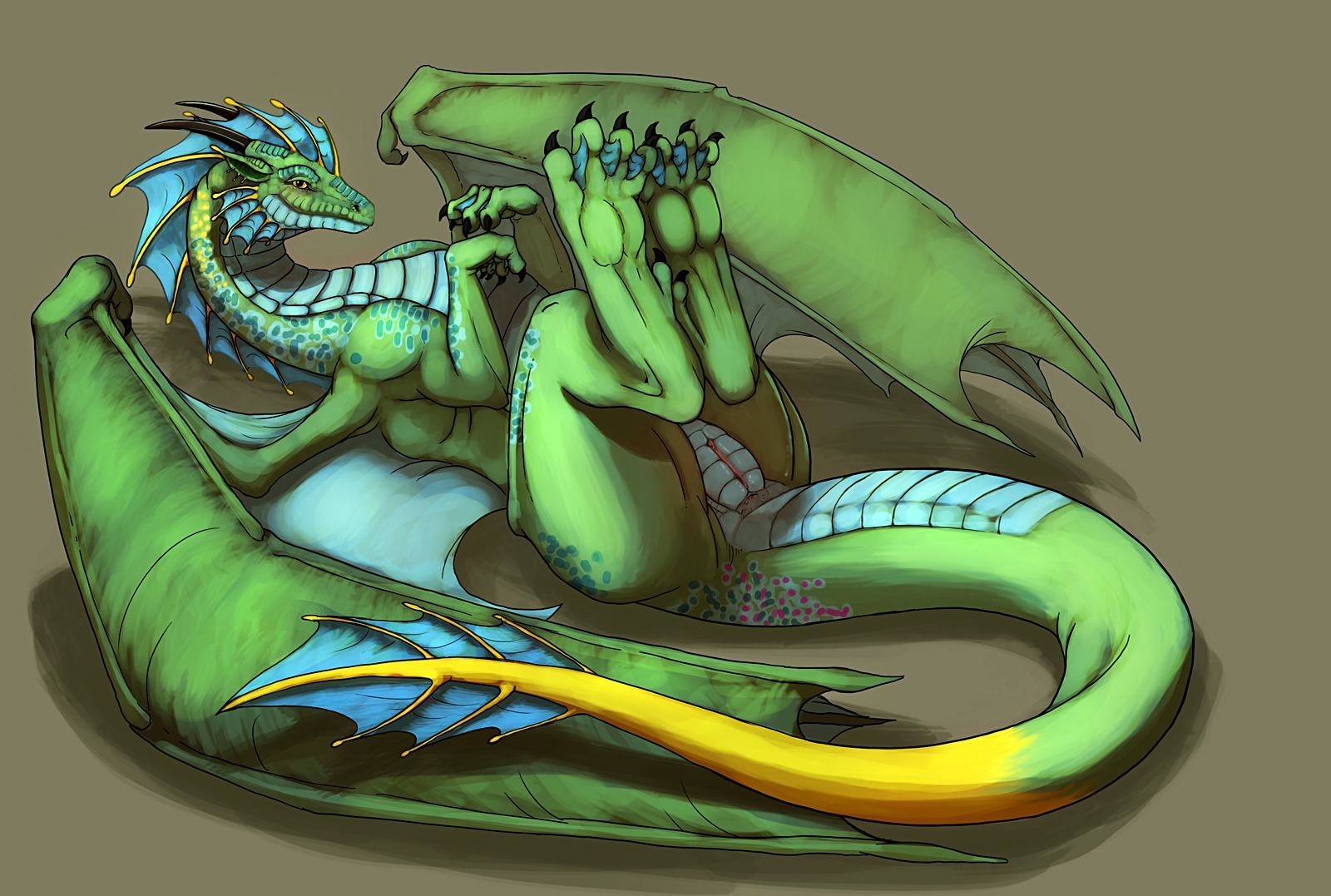 2012 anus claws dragon e621 european_mythology feet female female_feral feral genitals green_body hi_res hindpaw horn legs_up looking_at_viewer lying membrane_(anatomy) membranous_wings mythological_creature mythological_scalie mythology nixi on_back paws presenting scalie simple_background smile solo syrinoth tail thick_tail vulva western_dragon wings yellow_eyes