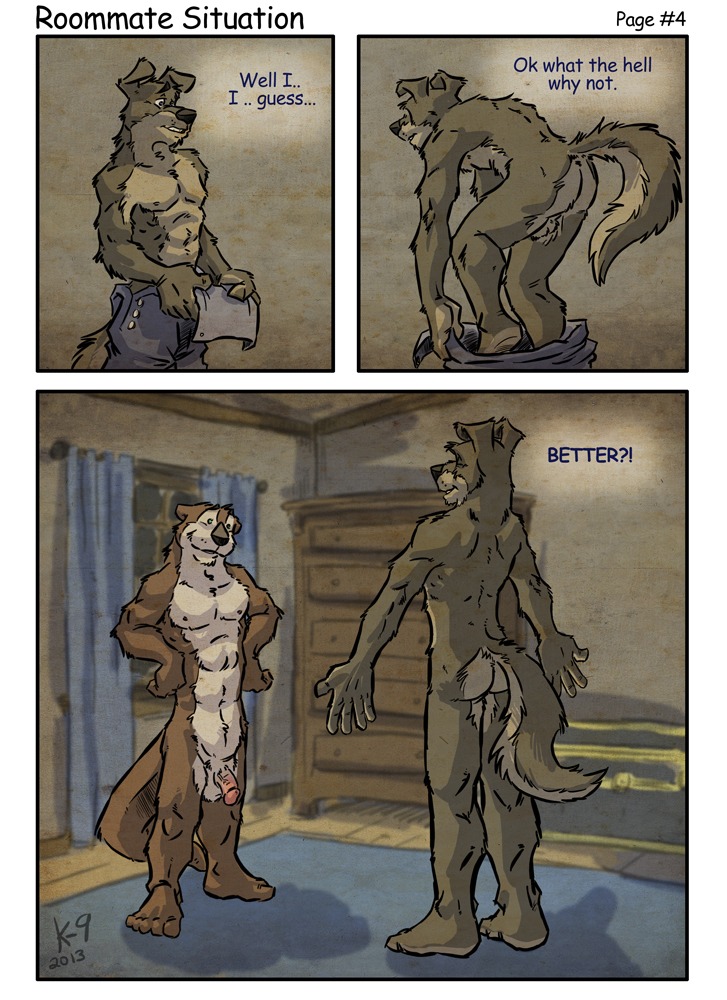 2013 abs anthro athletic backsack balls butt canid canine circumcised clothing comic dialogue duo e621 english_text flaccid fur genitals humanoid_genitalia humanoid_penis k-9 male male/male mammal multiple_scenes mustelid nude otter penis text undressing window