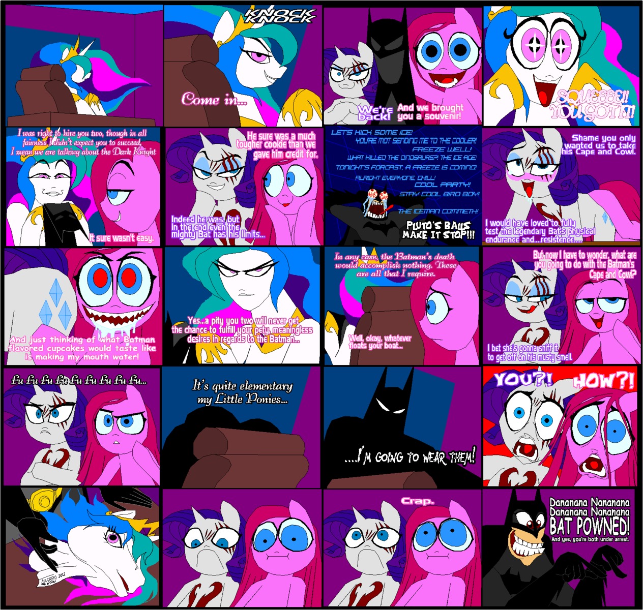 2012 batman batman_(series) bloodshot_eyes blue_eyes blush border comic crossover cunnilingus cutie_mark dc_comics dialogue digital_media_(artwork) disguise e621 earth_pony english_text equid equine female female/female feral friendship_is_magic fur group hair hasbro hi_res horn horse lil_miss_rarity_(mlp_fanfiction) male mammal multicolored_hair my_little_pony mythological_creature mythological_equine mythology oral pink_body pink_eyes pink_fur pink_hair pinkamena_(mlp) pinkie_pie_(mlp) pony princess princess_celestia_(mlp) pupils purple_eyes purple_hair rarity_(mlp) reveal royalty scar sex smile star_pupils symbol-shaped_pupils text tongue tyrranux unicorn unusual_pupils vaginal what white_body white_border white_fur