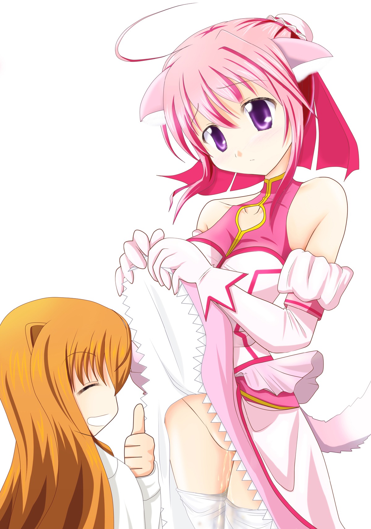 2girls animal_ear blush clothing dog_days female highres millhiore_f._biscotti multiple_females multiple_girls no_panties peeing pussy pussy_juice rule34 skirt_lift smile tail thumbs_up