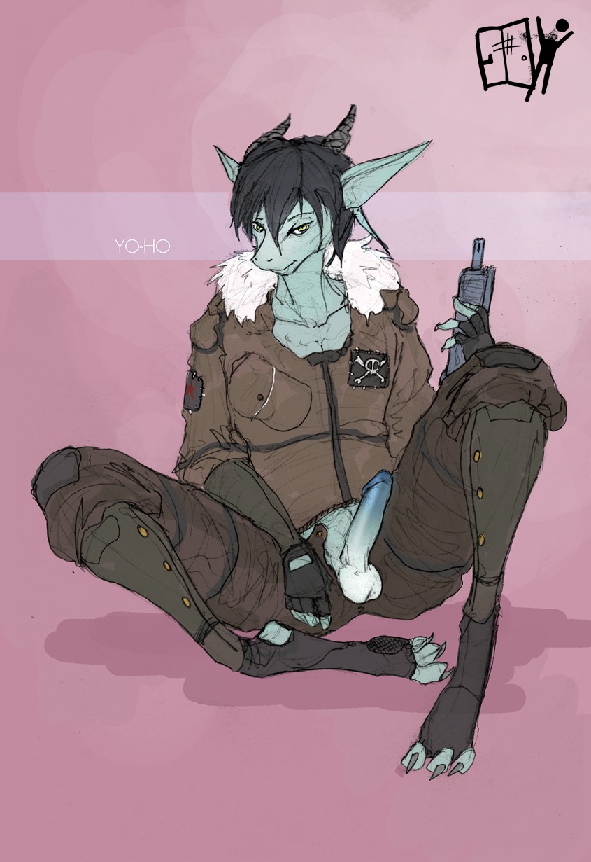 2013 anthro balls claws clothed clothing digitigrade e621 erection genitals gloves green_eyes handwear hi_res horn lethal_doors long_legs male nude penis pirate ranged_weapon scalie simple_background solo weapon