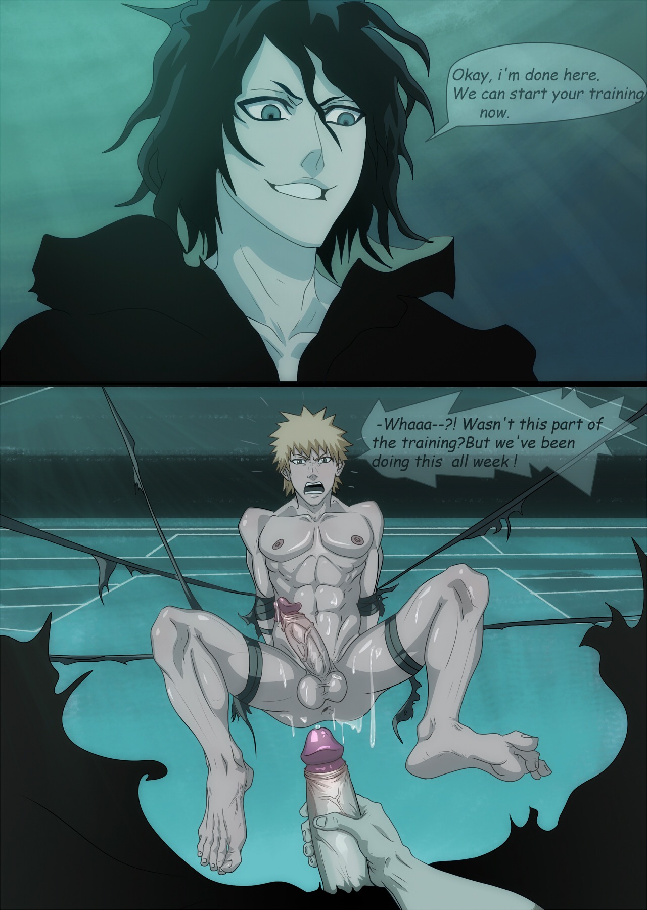 2boys abs after_sex anma barefoot bleach bondage chest cum feet foreskin fully_retracted_foreskin gay ichigo_kurosaki male male_only muscles nude orange_hair pecs penis retracted_foreskin rule34 tensa_zangetsu uncircumcised yaoi