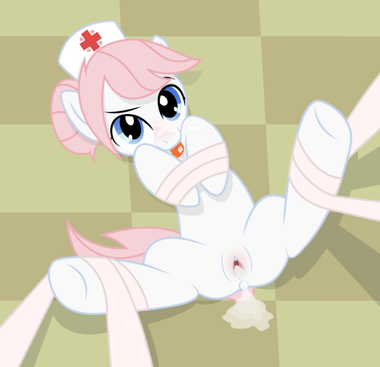 2012 after_sex anus bdsm blue_eyes blush bodily_fluids bondage bound checkered checkered_floor clothing cum cum_in_vagina cum_inside draining e621 earth_pony equid equine female feral friendship_is_magic genital_fluids genitals hair hair_bun hands_tied hasbro hat headgear headwear hi_res horse lying mammal my_little_pony nurse nurse_redheart_(mlp) on_back php3 pink_hair pony presenting red_cross solo spread_legs spreading submissive submissive_female vulva