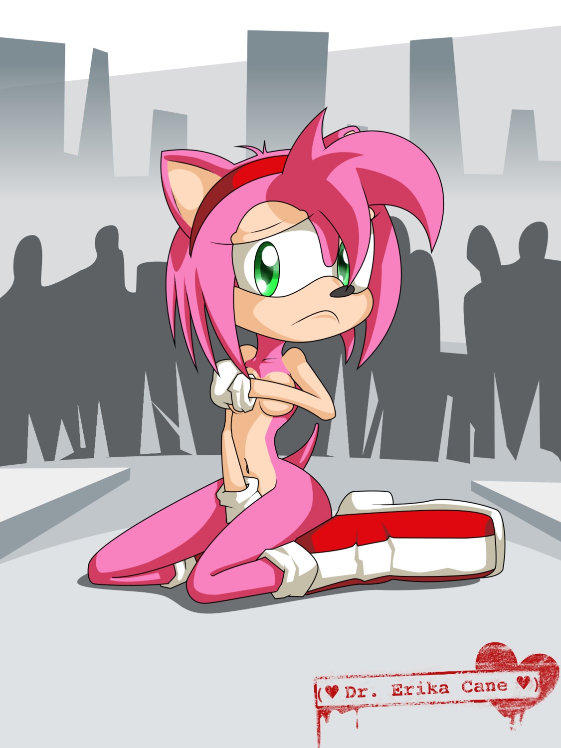 amy_rose anthro breasts covering covering_breasts covering_crotch crowd dr-cane embarrassed_nude_female enf female frown fur furry hedgehog humiliated kneeling nude outdoors pink_hair public_nudity rule34 short_hair sitting sonic_(series) uncensored
