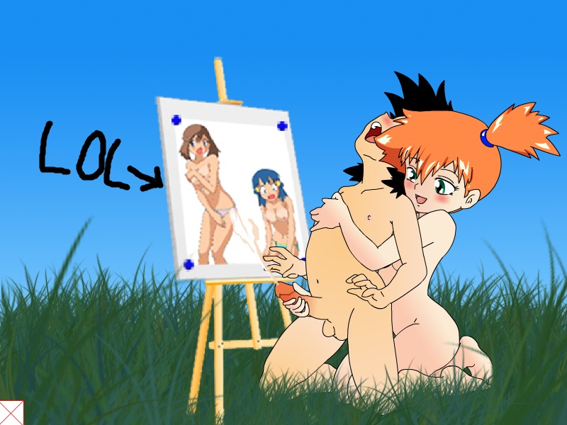 1boy 3girls dawn_(pokemon) female handjob human human_only kasumi_(pokemon) male may_(pokemon) multiple_females multiple_girls nintendo nude orange_hair painting penis pokemon rule34 satoshi_(pokemon) straight
